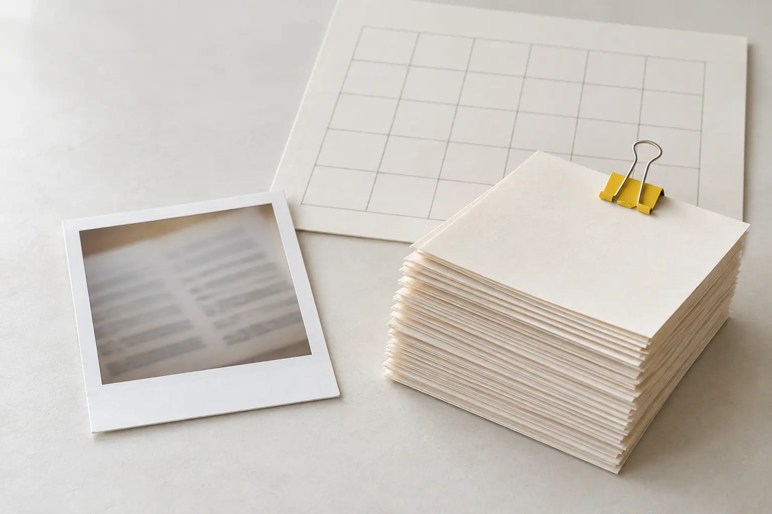 A single instant photo print next to a clipped stack of about thirty pages and a blank monthly calendar grid