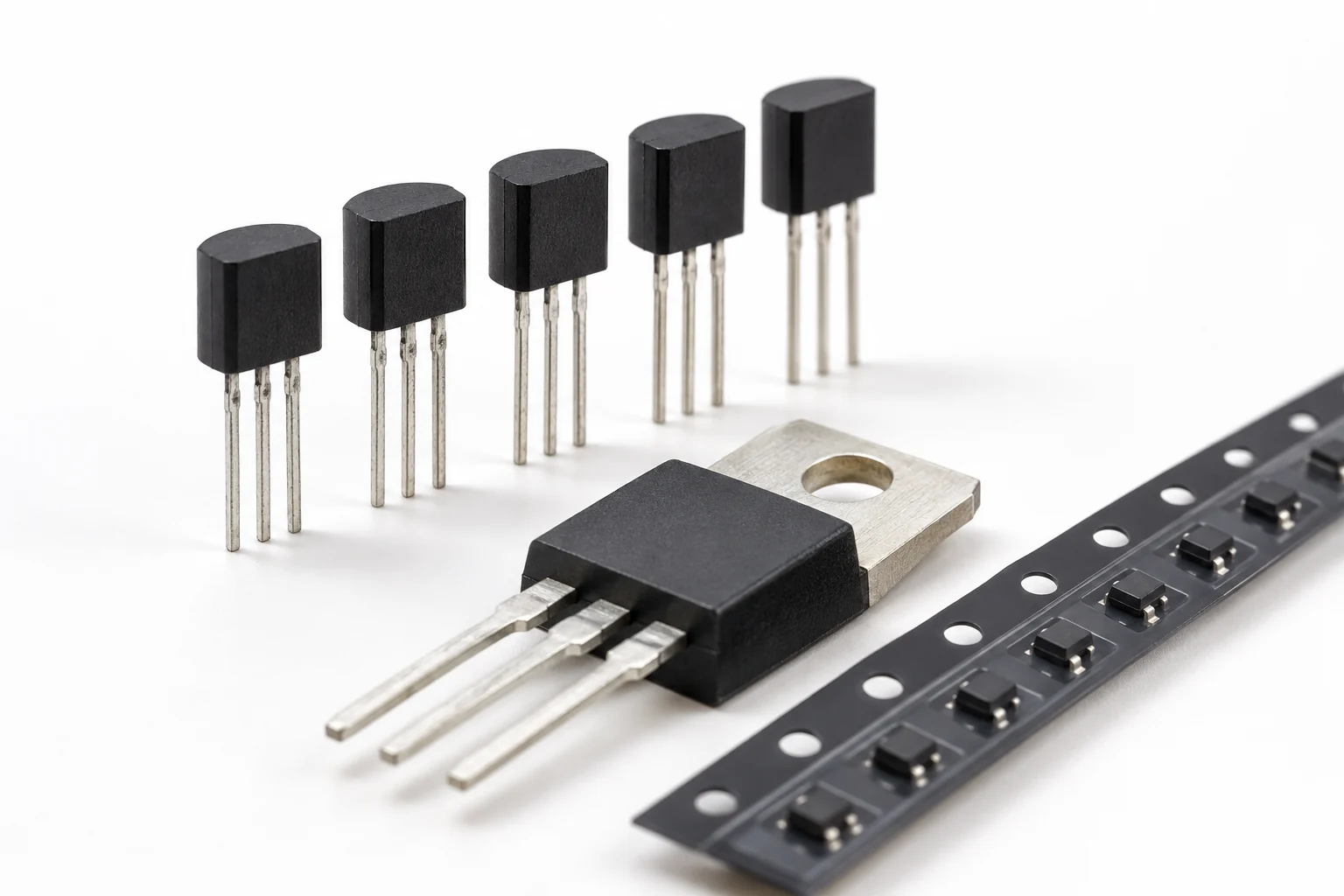 A row of black TO-92 plastic transistors with three legs, a larger TO-220 power transistor with a metal tab and a strip of tiny surface-mount transistors on carrier tape.