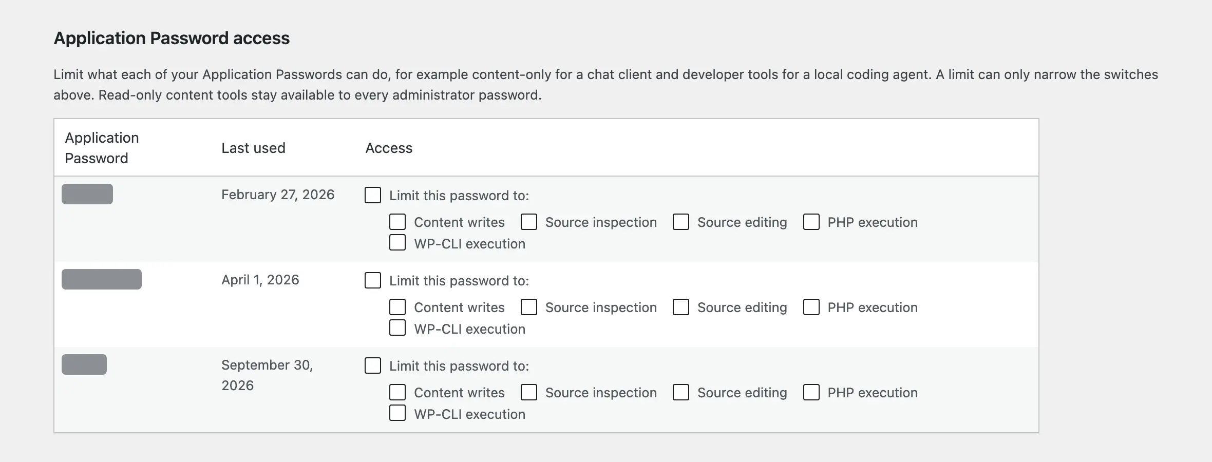 Site Agent per-Application-Password tool-group limits