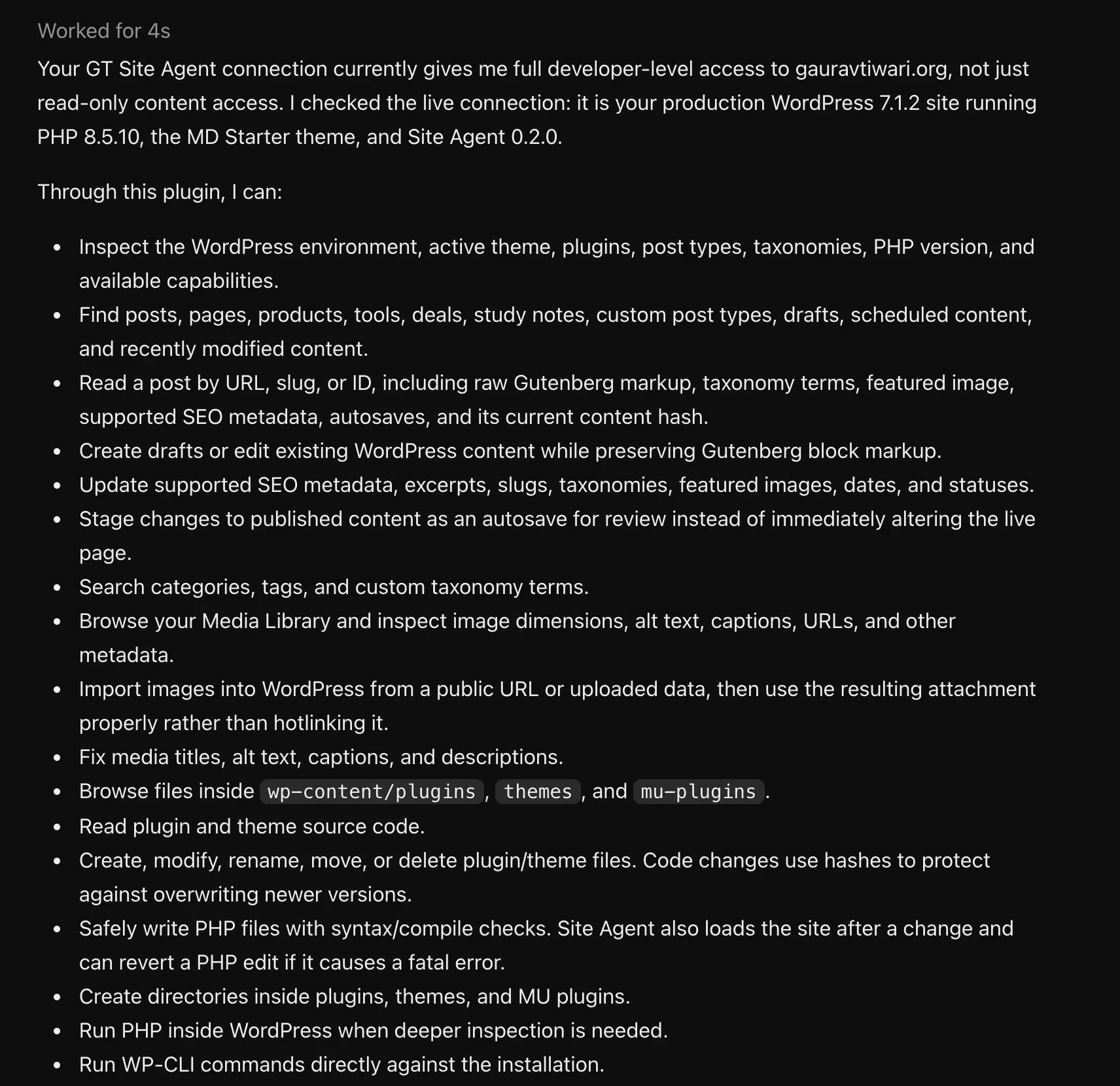 ChatGPT Web reporting developer-level access through Site Agent to gauravtiwari.org, with content, media, source-file, PHP and WP-CLI tools available.