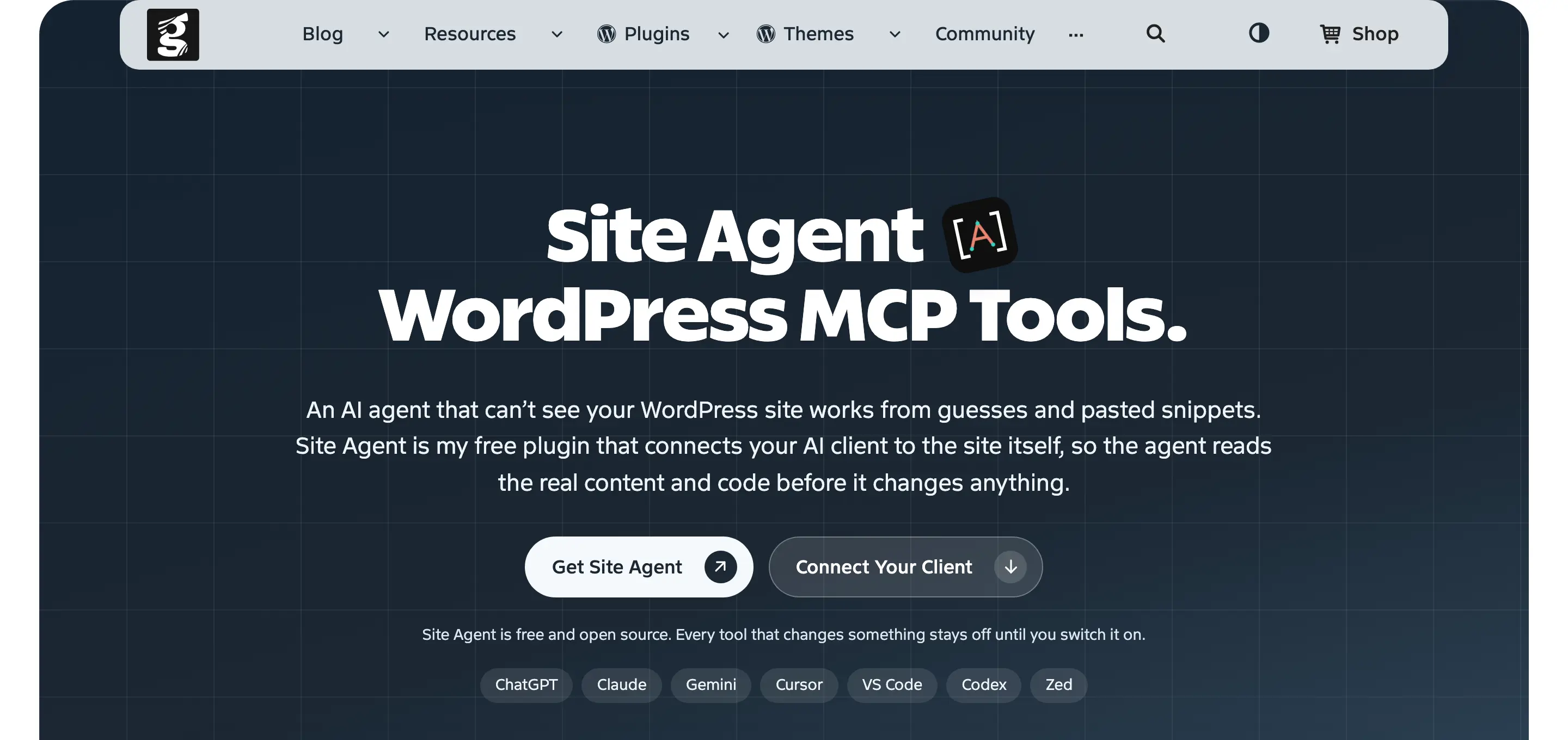 Site Agent product page with its WordPress MCP tools, download button and supported AI clients.