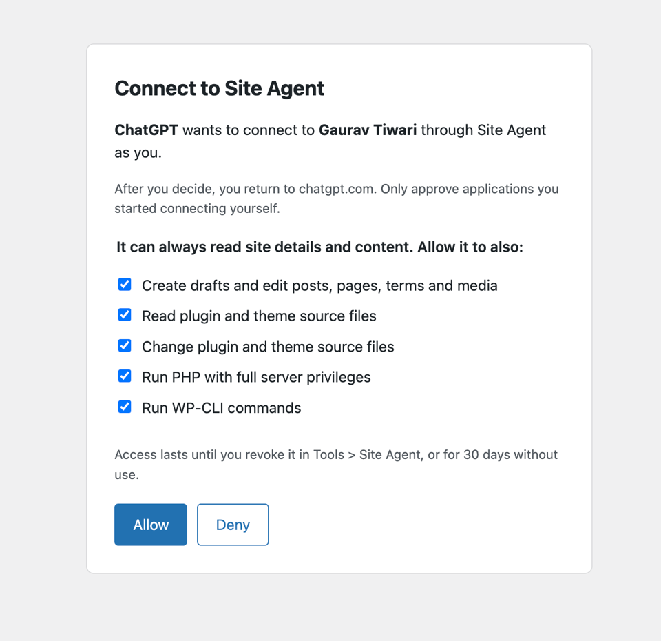 Site Agent consent screen in WordPress: ChatGPT asks to connect, with checkboxes for content edits, reading and changing source files, running PHP and WP-CLI, and Allow and Deny buttons