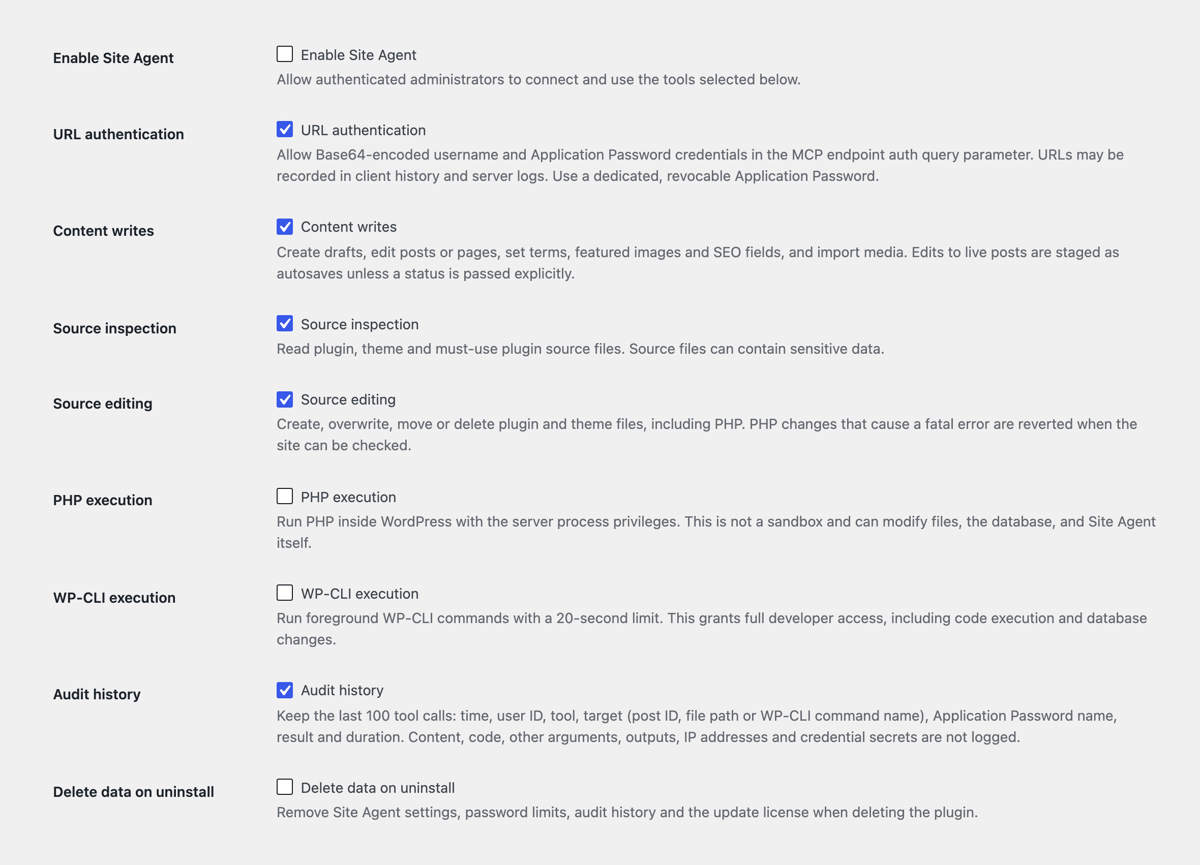 Site Agent settings screen in WordPress with a separate switch for Site Agent, URL authentication, content writes, source inspection, source editing, PHP execution, WP-CLI execution and audit history