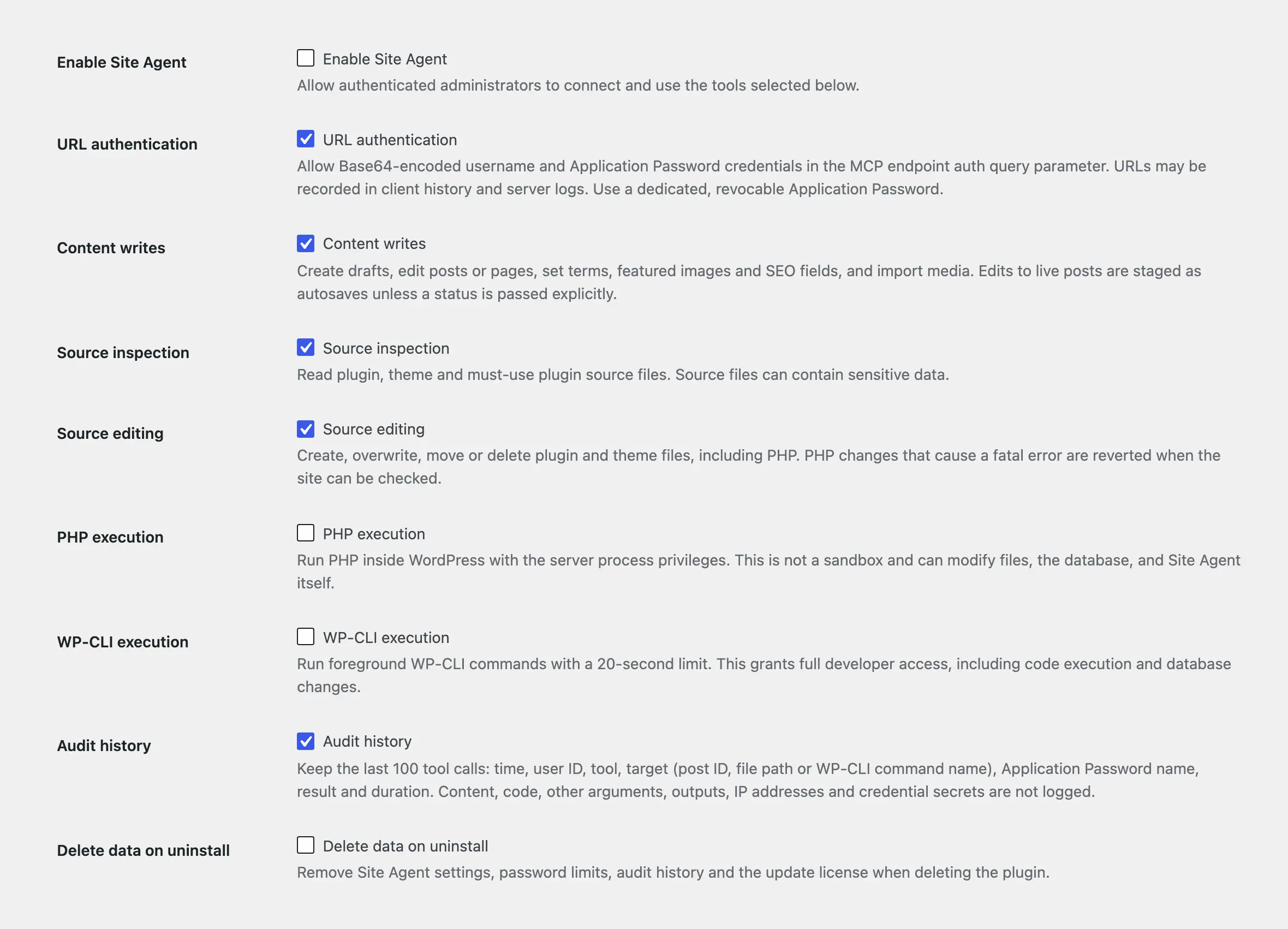 Site Agent settings screen in WordPress with a separate switch for Site Agent, URL authentication, content writes, source inspection, source editing, PHP execution, WP-CLI execution and audit history