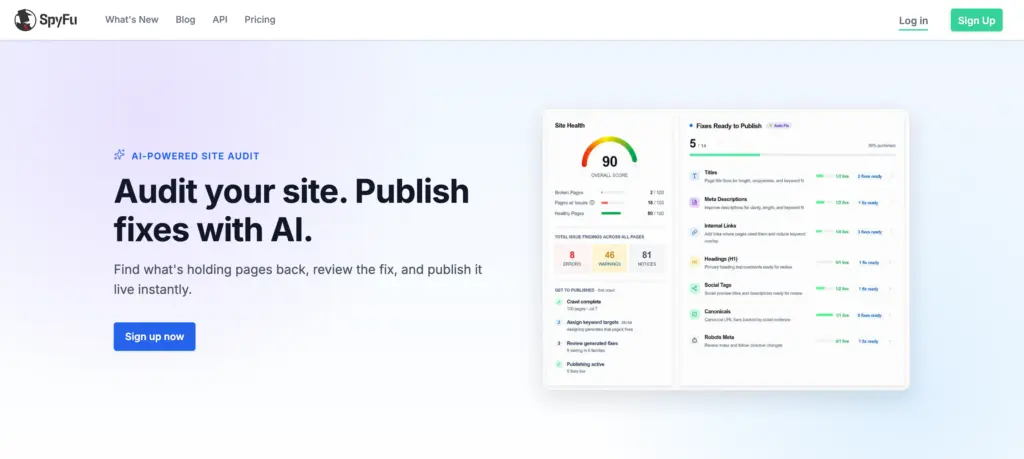 SpyFu AI-powered Site Audit page showing a site health score, issue counts and AI fixes ready to publish