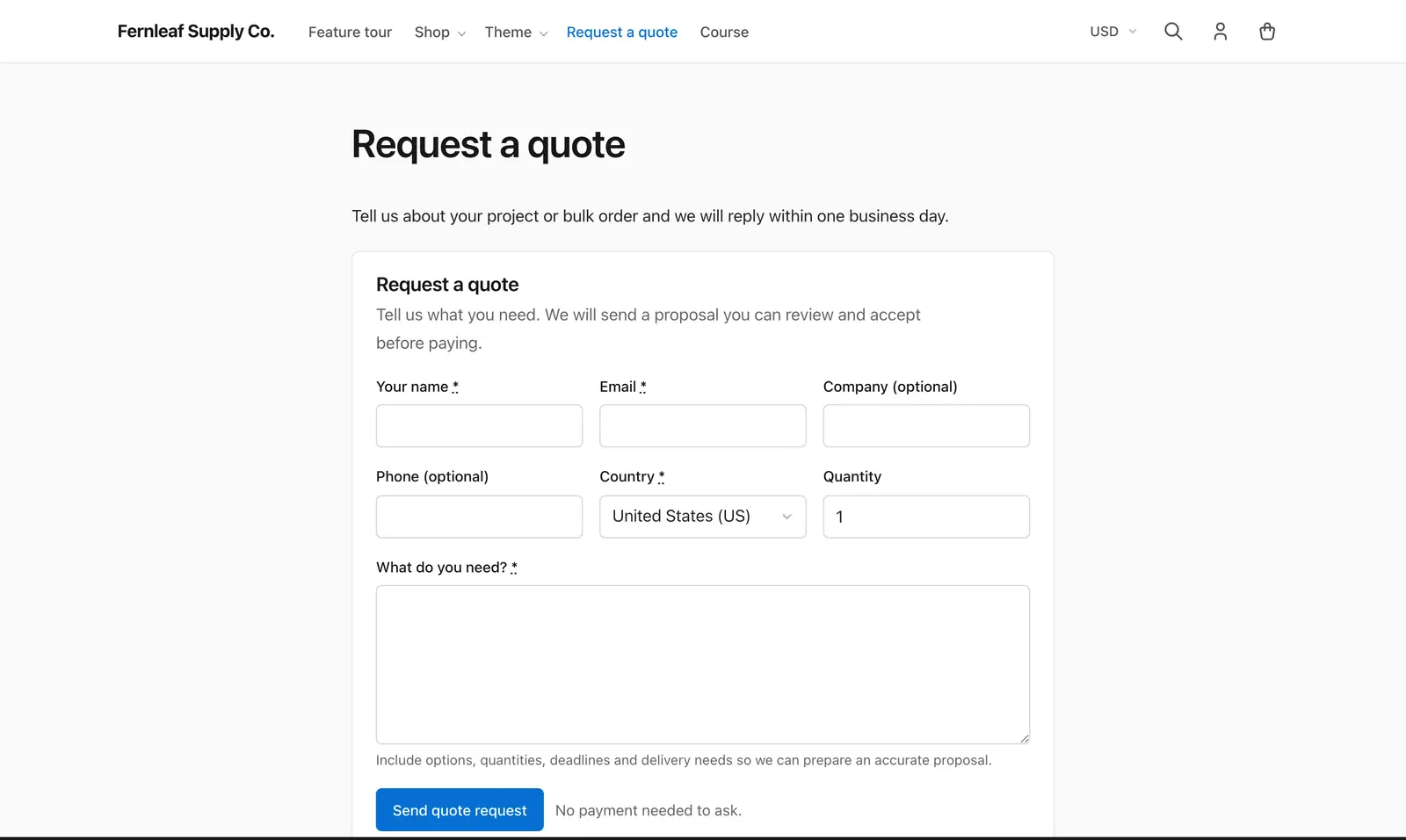 Request a quote form on the Stackless demo store with name, email, company, phone, country, quantity and a description field