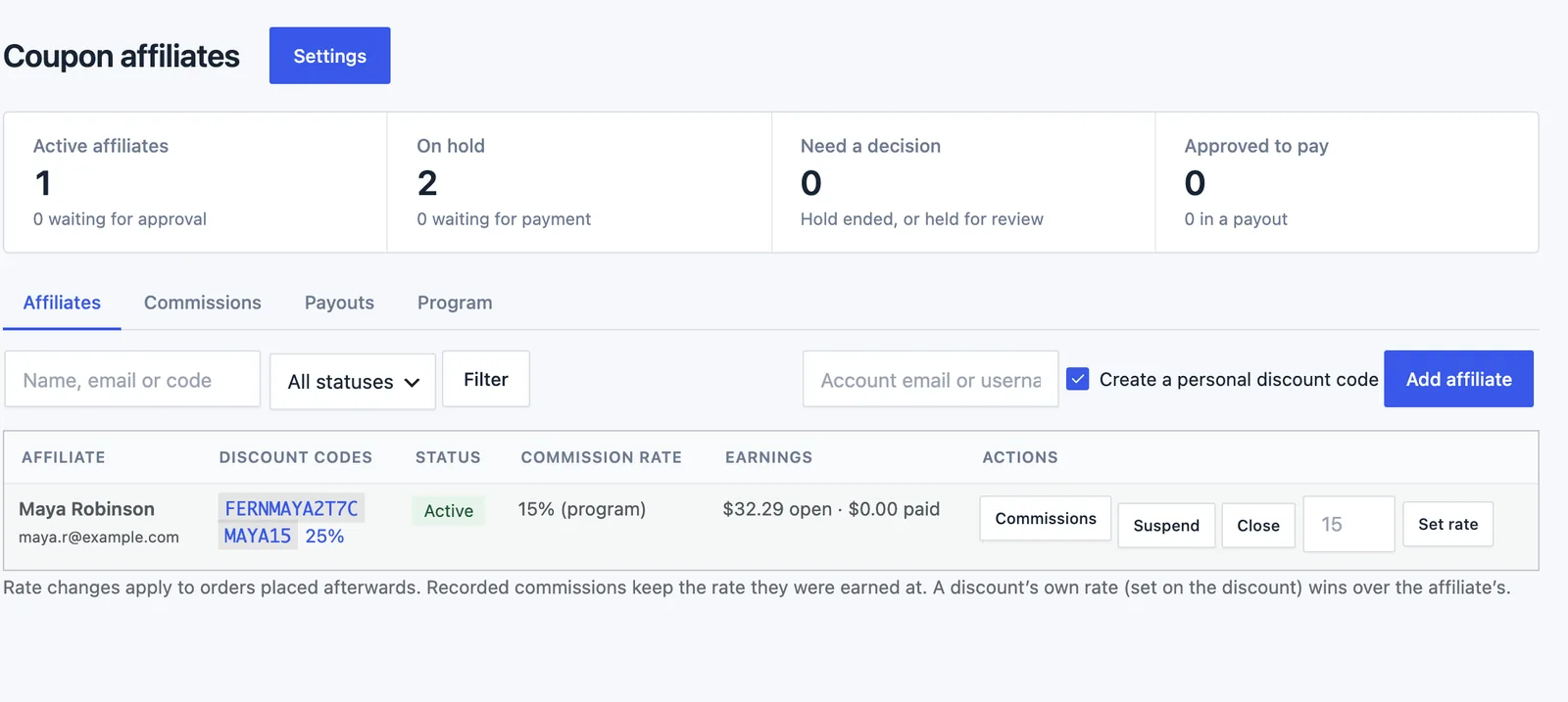 Stackless → Affiliates screen in Stackless for EDD, with summary cards for active affiliates and commissions on hold, and one affiliate listed with two discount codes, a 15% program rate and Suspend, Close and Set rate actions