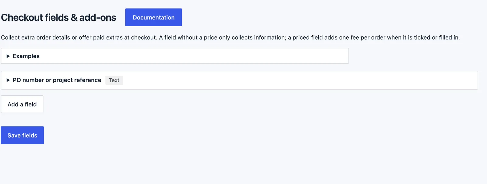 Stackless → Checkout fields screen in Stackless for EDD, titled Checkout fields & add-ons, with an Examples panel, one text field named PO number or project reference, and Add a field and Save fields buttons