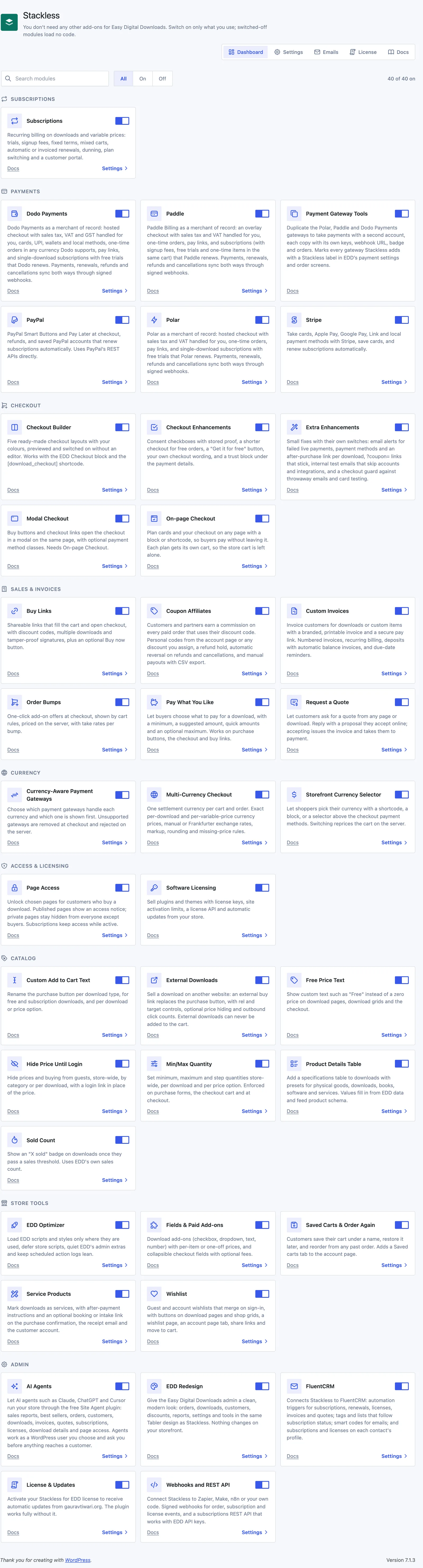 The Stackless for EDD dashboard with all 40 module cards grouped under Subscriptions, Payments, Checkout, Sales and invoices, Currency, Access and licensing, Catalog, Store tools and Admin, each with an on/off switch.