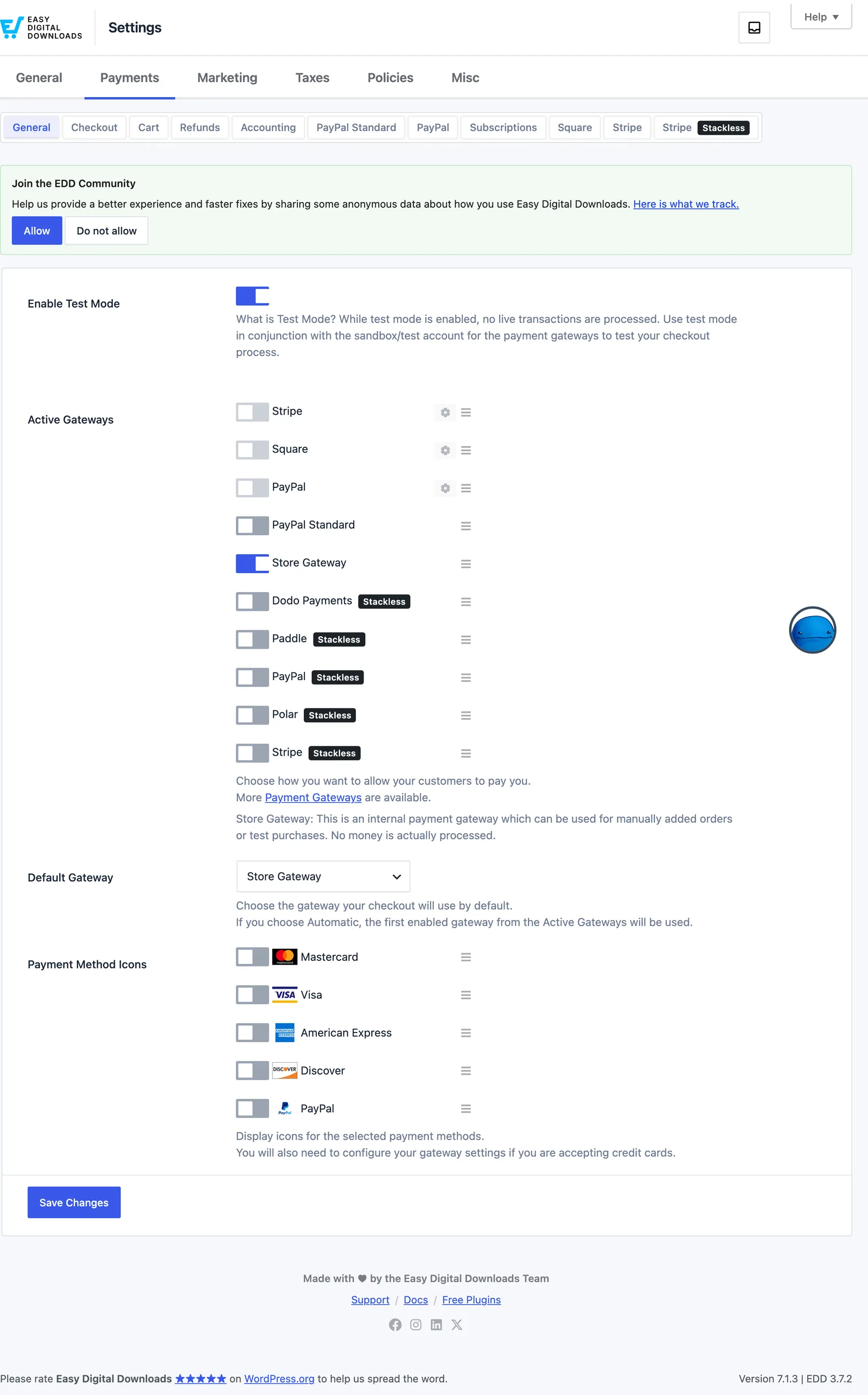 Easy Digital Downloads Payments settings with Dodo Payments, Polar and Stripe marked by the Stackless label in Active Gateways and a Stripe Stackless section tab.