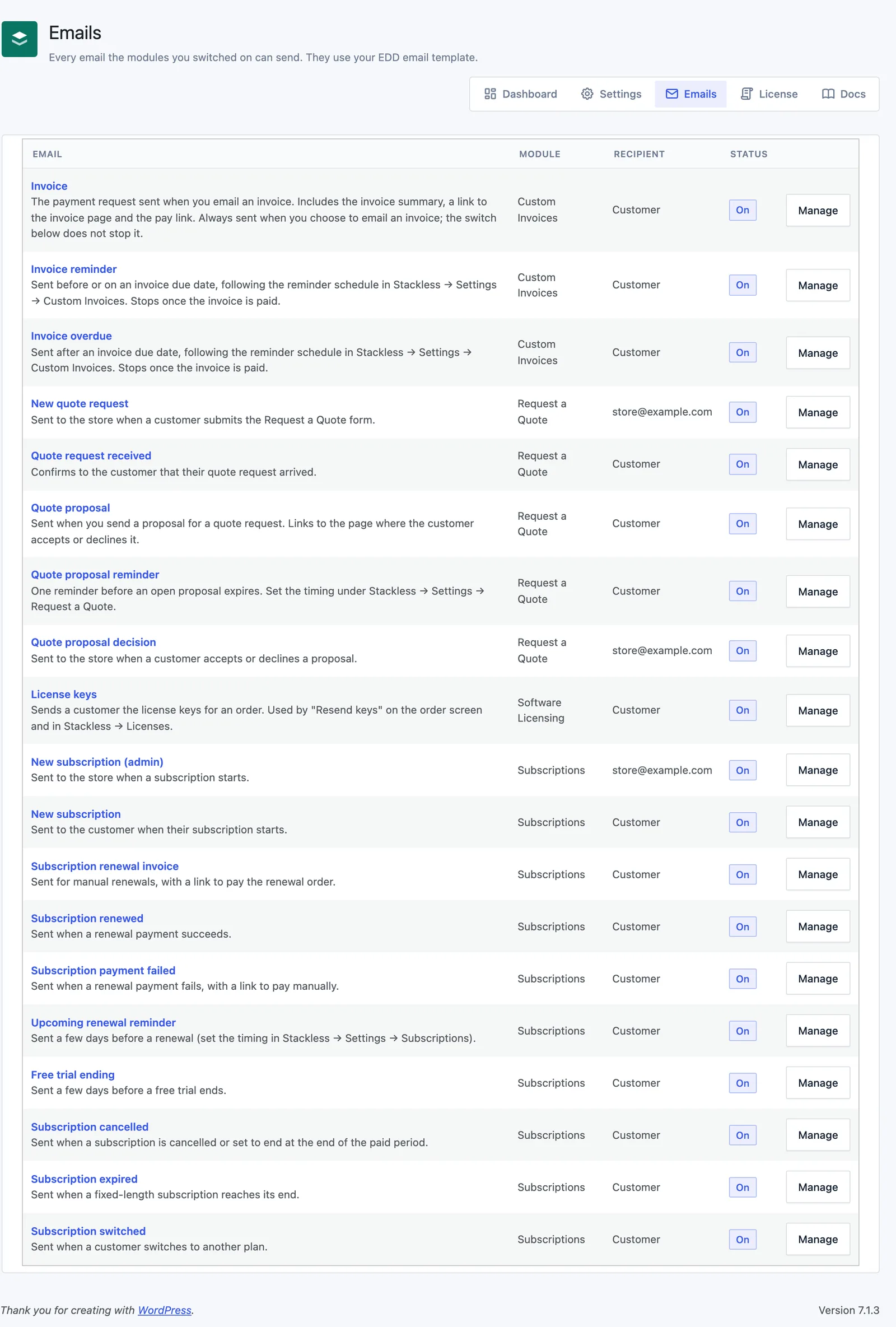 The Stackless for EDD Emails screen listing invoice, quote, license key and subscription emails with their module, recipient and an On status, each with a Manage button.