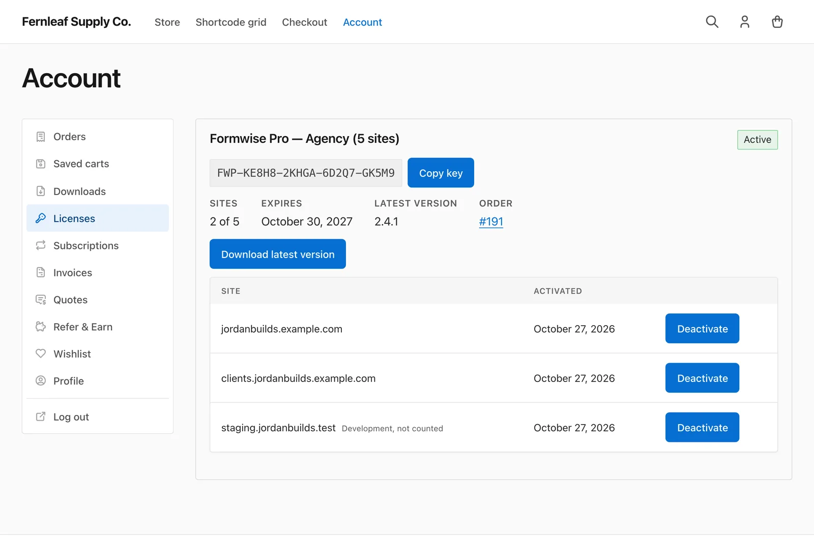 Licenses tab on the Stackless for EDD account page, showing a license card with the key, Copy key button, sites used, expiry, latest version, order link, Download latest version button and activated sites with Deactivate buttons
