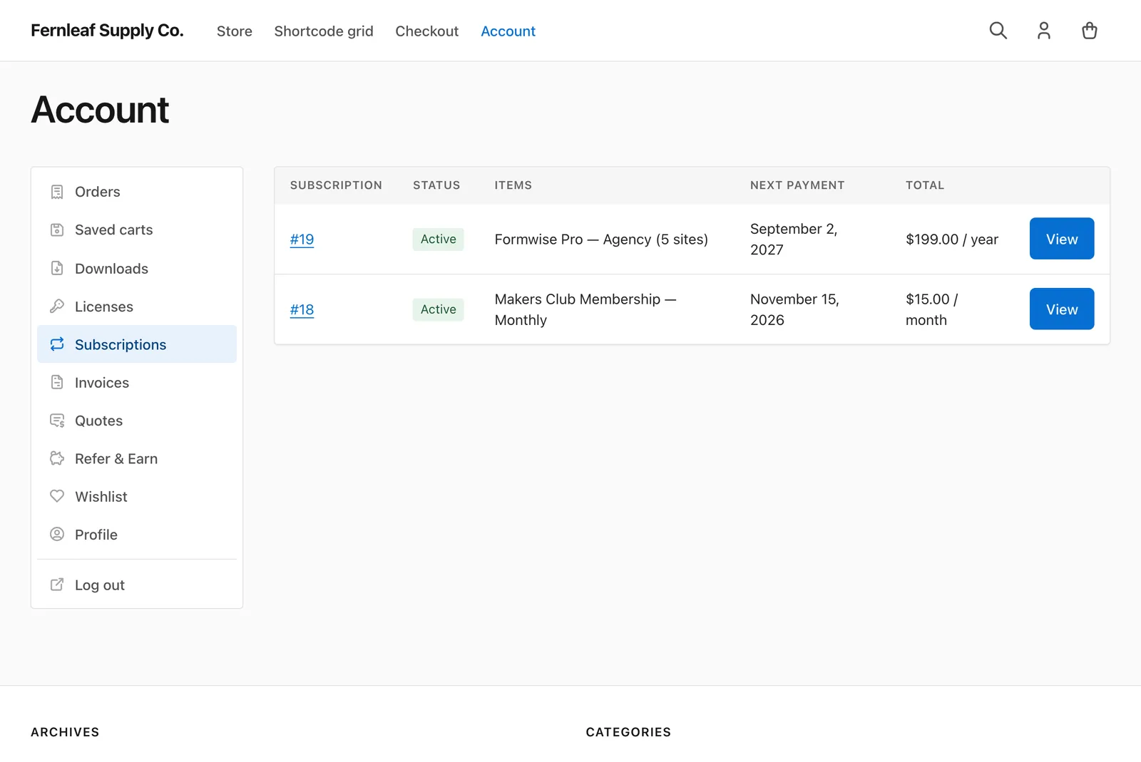 Subscriptions tab on the Stackless for EDD account page, listing two active subscriptions with their items, next payment dates, recurring totals and View buttons