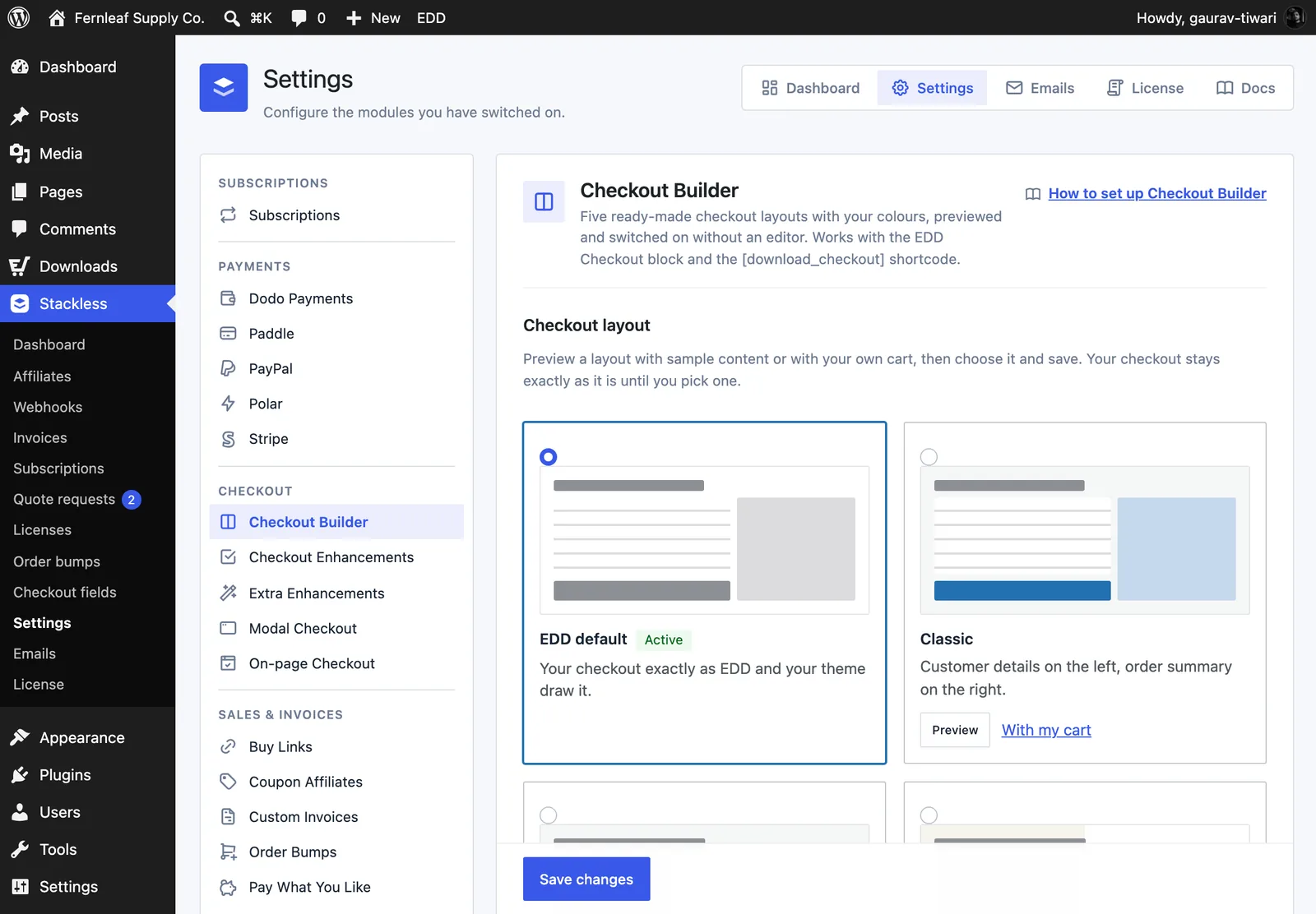 Stackless for EDD Checkout Builder settings showing the Checkout layout gallery with EDD default marked Active and the Classic card with Preview and With my cart links