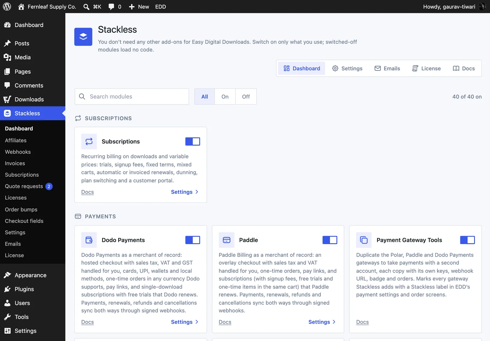 The Stackless for EDD dashboard in WordPress admin, with the Stackless menu open showing Dashboard, Affiliates, Webhooks, Invoices, Subscriptions, Quote requests, Licenses, Order bumps, Checkout fields, Settings, Emails and License, and module cards for Subscriptions, Dodo Payments, Paddle and Payment Gateway Tools.