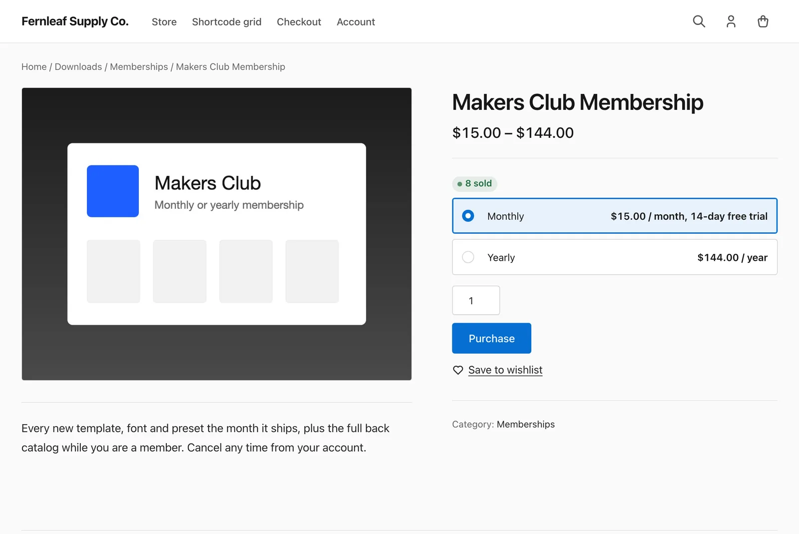 Makers Club Membership download page in Easy Digital Downloads with an "8 sold" badge above the Monthly and Yearly price options and the Purchase button.