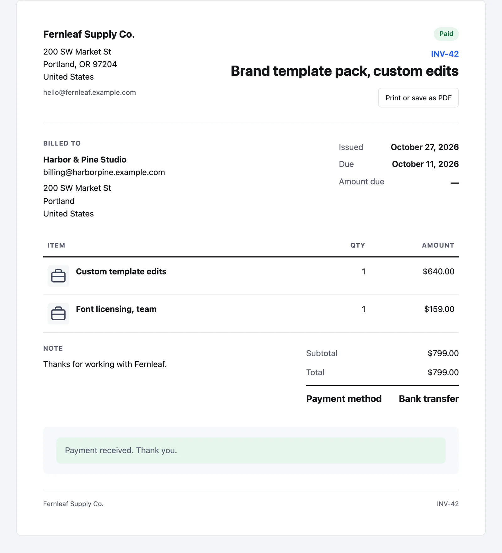 Printable Stackless for EDD invoice INV-42 marked Paid, with the seller address, Billed to details, two line items, totals, Bank transfer as the payment method and a Print or save as PDF button