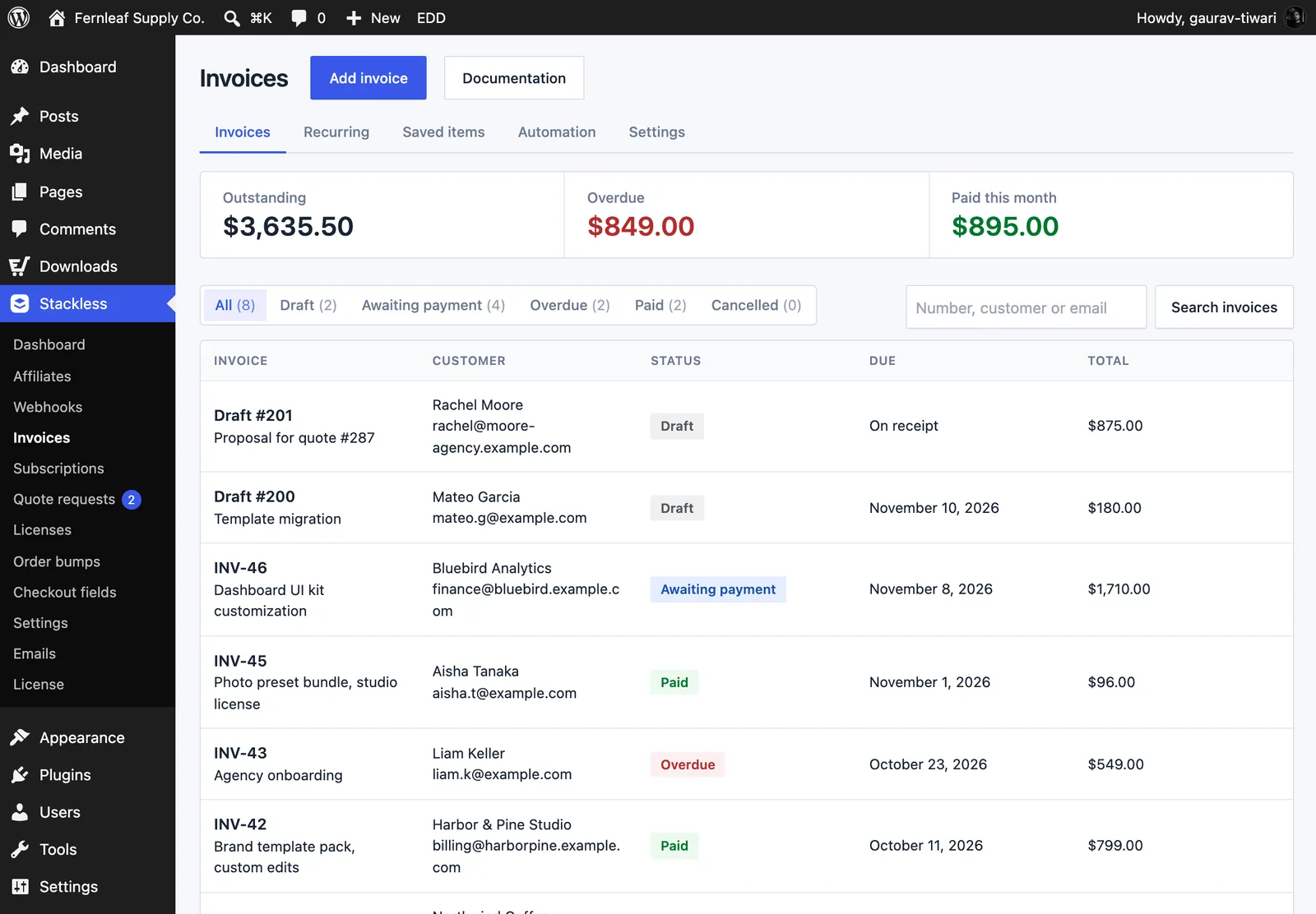 Stackless for EDD Invoices screen with Outstanding, Overdue and Paid this month totals above a list of draft, awaiting payment, paid and overdue invoices