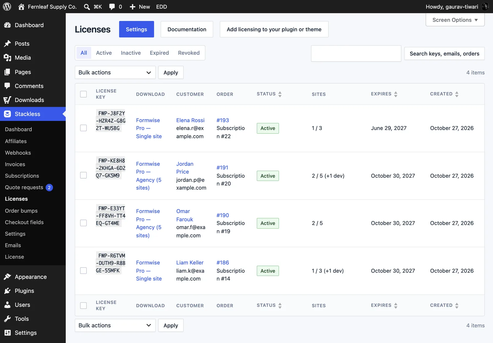 Stackless → Licenses in Stackless for EDD, listing license keys with their download, customer, order and subscription, Active status, sites used such as 2 / 5 (+1 dev) and expiry dates