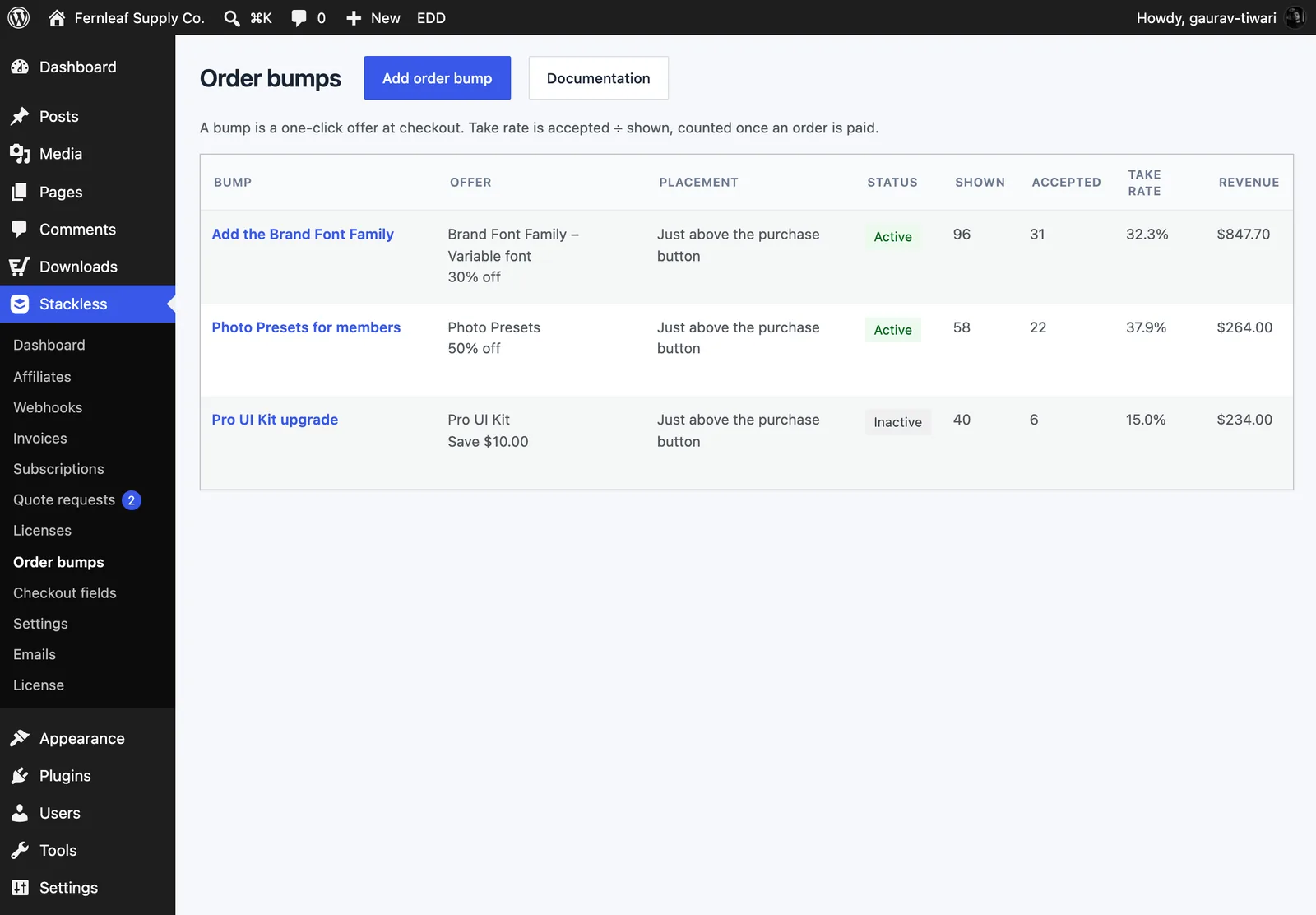 Stackless for EDD Order bumps list with three bumps showing offer, placement, status, shown, accepted, take rate and revenue columns