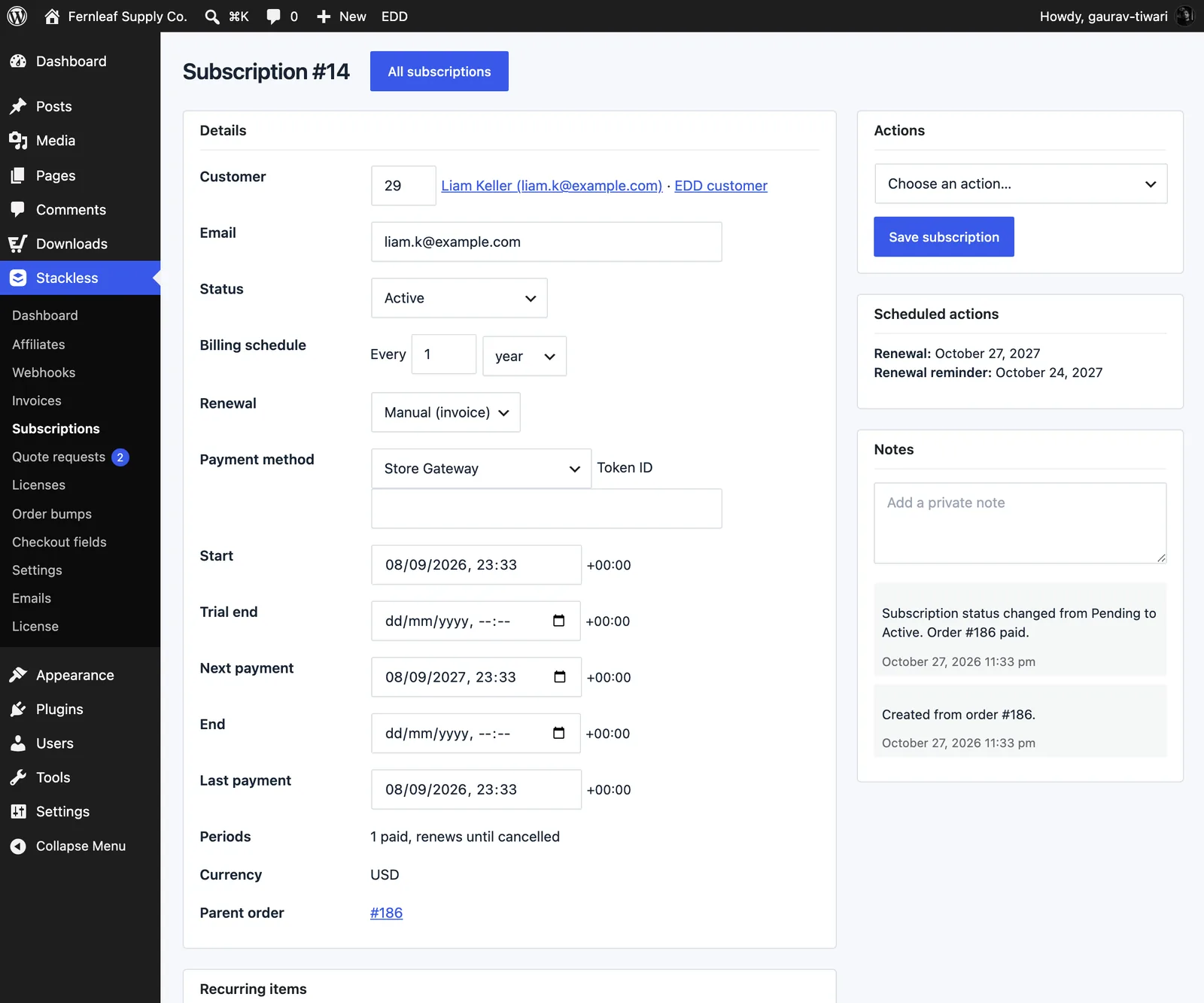 Subscription edit screen in Stackless for EDD with the Details box, Actions dropdown, Save subscription button, Scheduled actions and Notes
