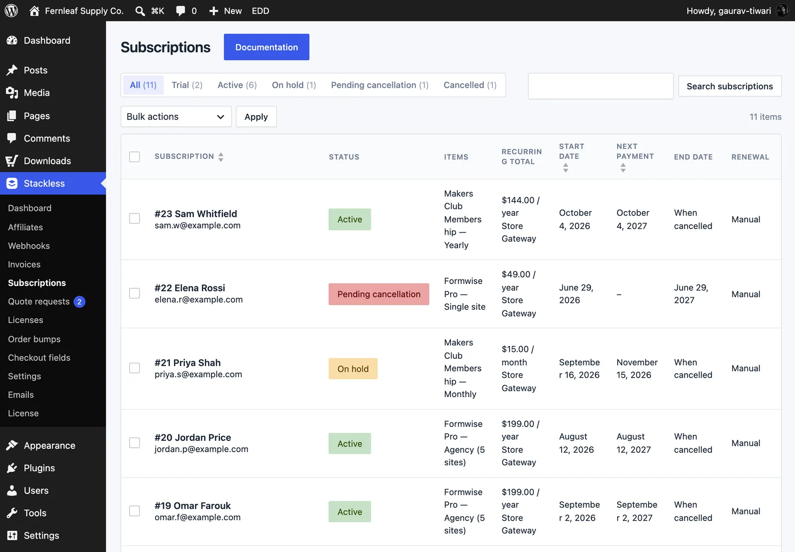Stackless → Subscriptions list in Stackless for EDD showing subscriptions with Active, Pending cancellation and On hold statuses, recurring totals, dates and the Renewal column