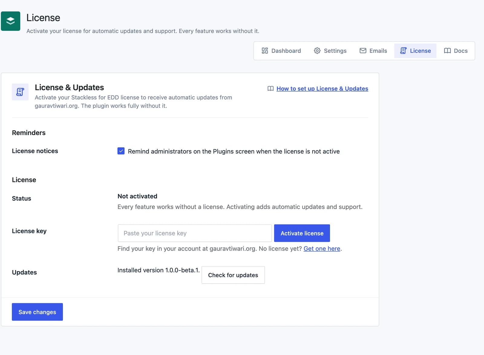 The Stackless for EDD License screen with the License notices reminder, a Not activated status, the license key field with an Activate license button, and the installed version with a Check for updates button.