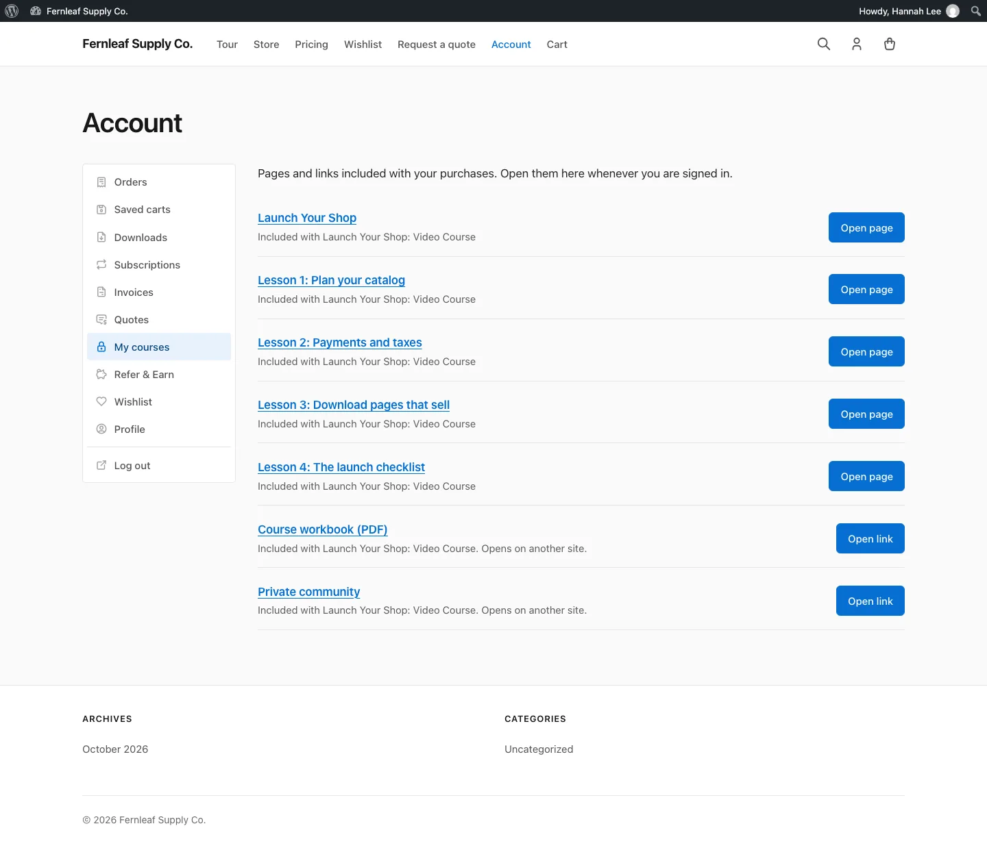 Stackless for EDD account page with the Page Access tab renamed to My courses, listing five course pages with Open page buttons and two outside links with Open link buttons