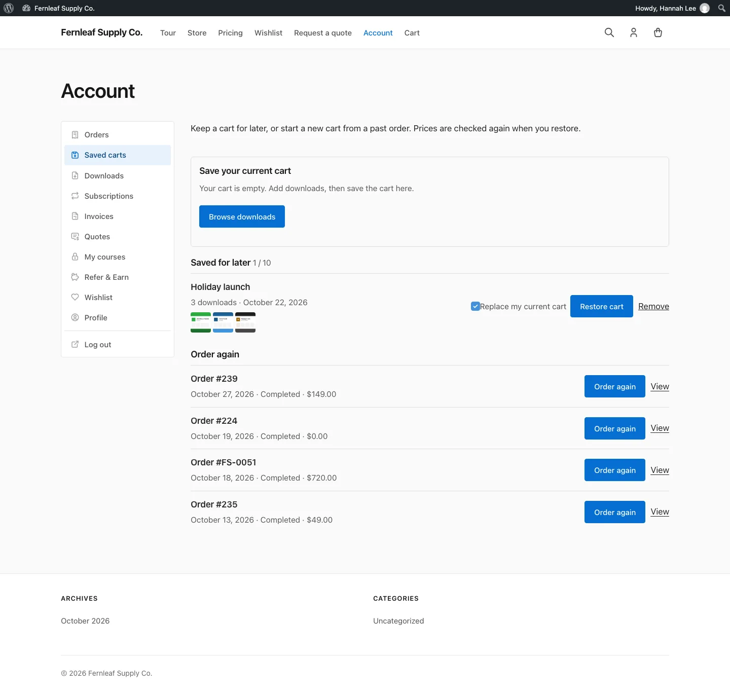 Saved carts tab on the Stackless for EDD account page, showing an empty cart prompt, one saved cart with Restore cart and Remove, and four past orders with Order again buttons