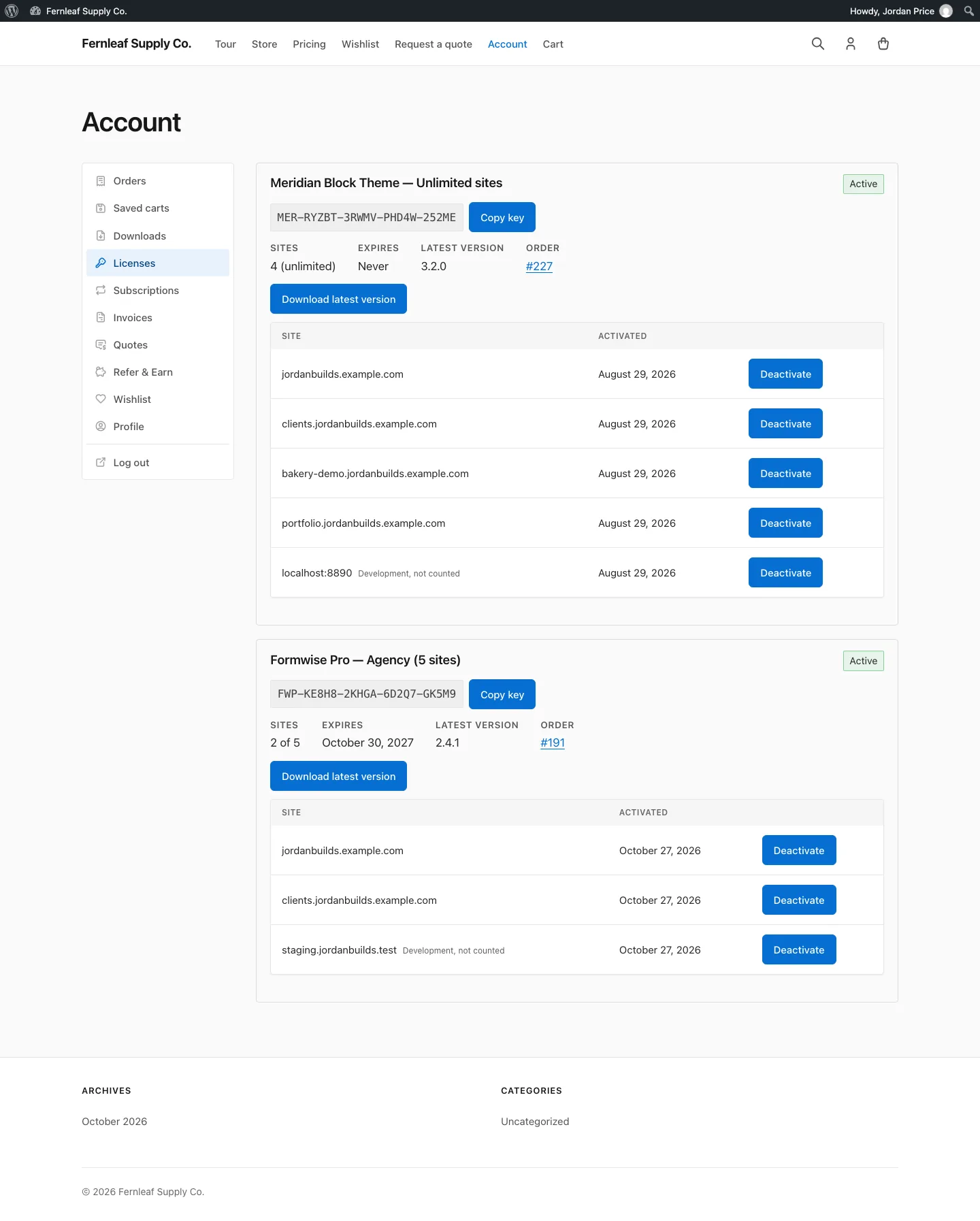 The Licenses tab on the Stackless for EDD account page, showing two active license keys with Copy key and Download latest version buttons, the site count, expiry date, latest version and a list of activated sites with Deactivate buttons.