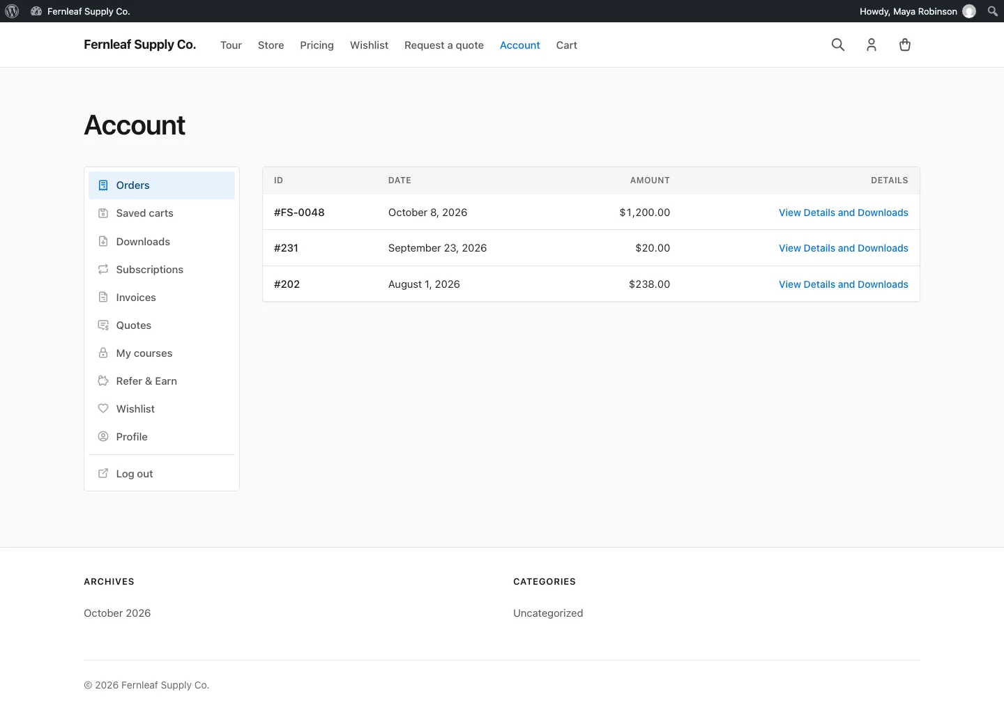 The Stackless for EDD account page for a logged-in customer, with the Orders tab open listing three orders and a menu of Saved carts, Downloads, Subscriptions, Invoices, Quotes, My courses, Refer & Earn, Wishlist, Profile and Log out.