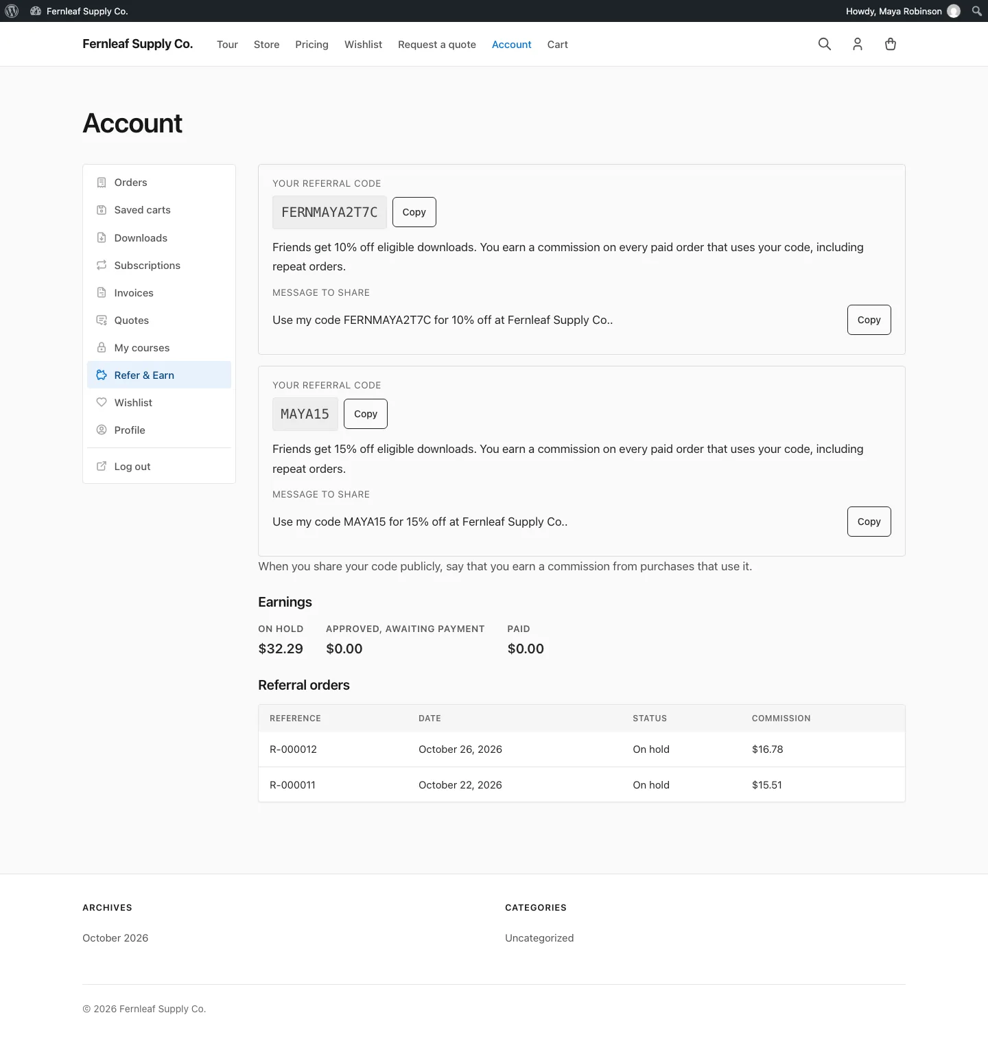 Refer & Earn tab on the Stackless for EDD account page, showing two referral codes with Copy buttons and share messages, earnings on hold and a list of referral orders on hold