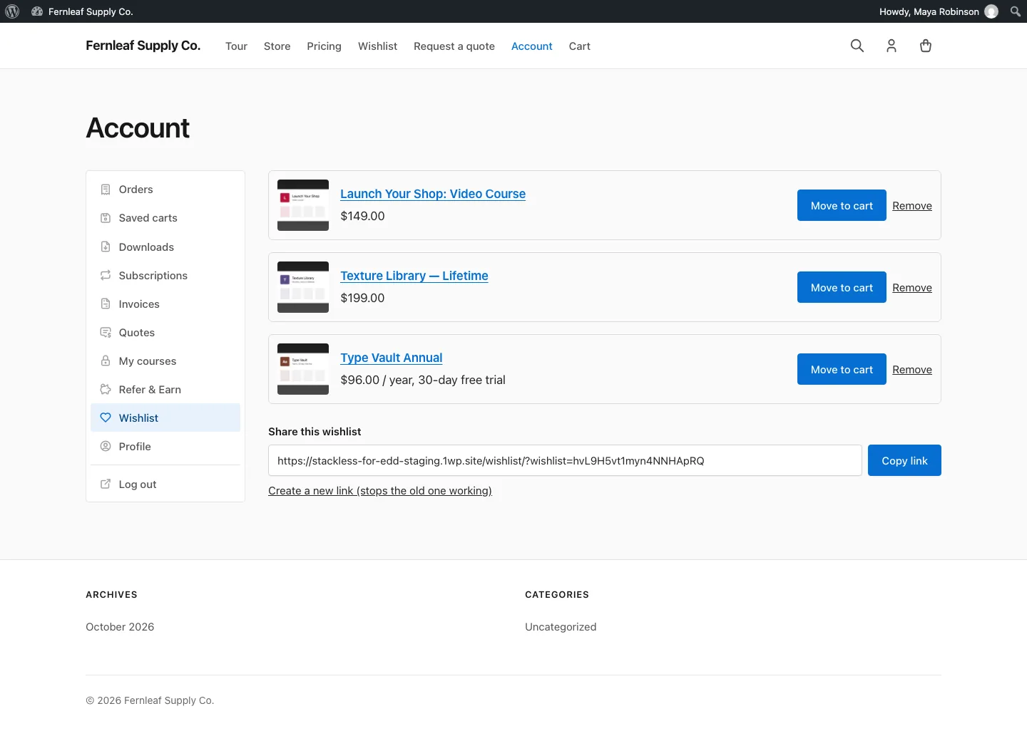 Stackless for EDD Wishlist tab on the customer account page, listing three saved downloads with Move to cart and Remove buttons and a Share this wishlist link