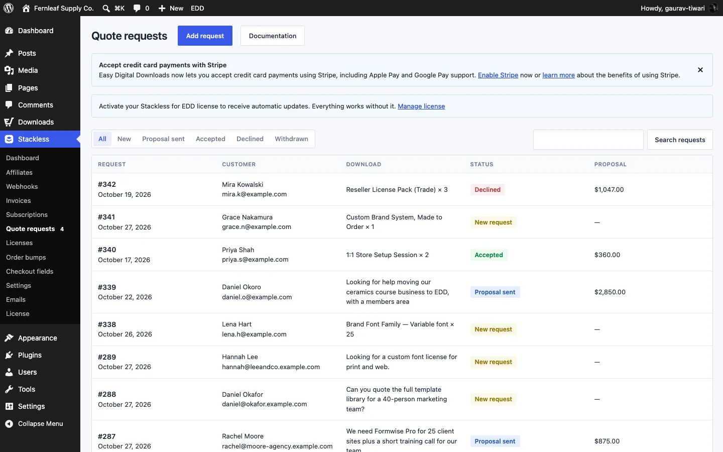 The Quote requests screen in Stackless for EDD listing requests with their customer, download, status and proposal total.
