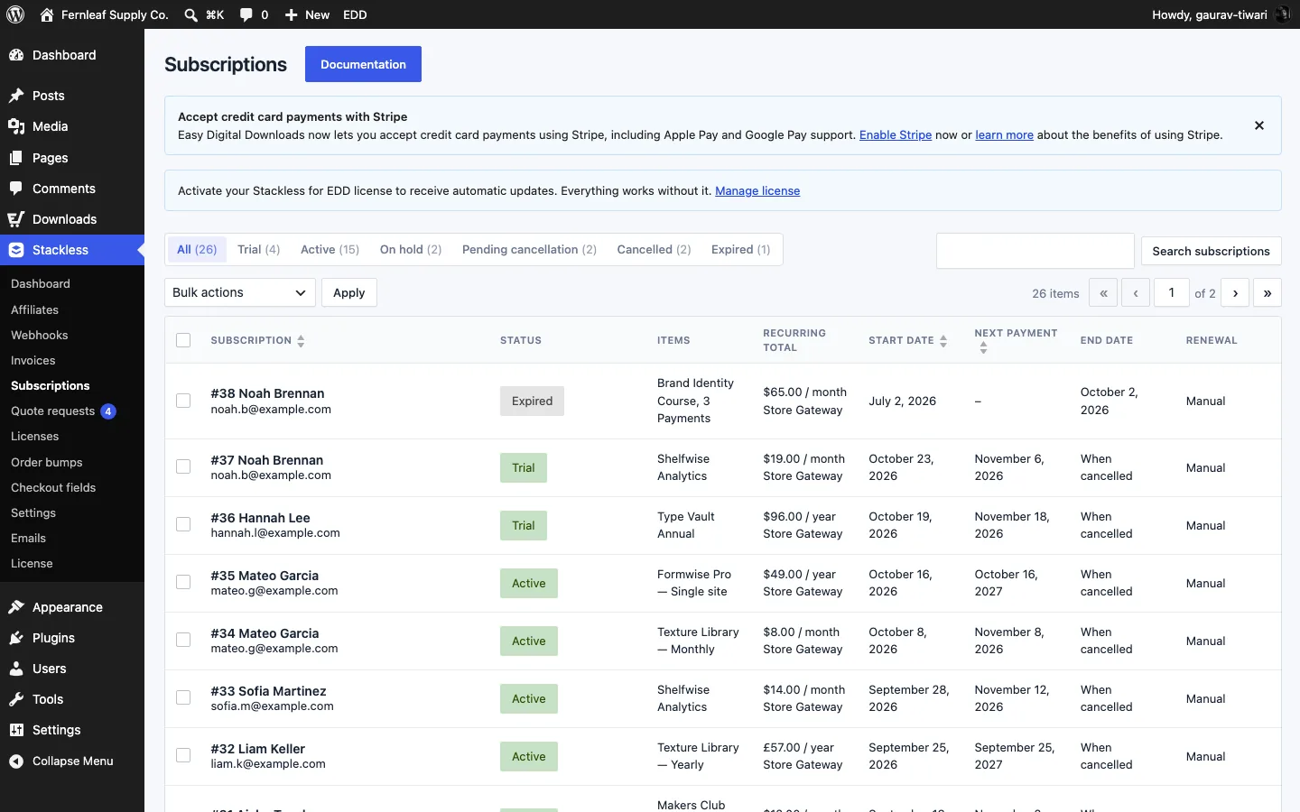 Stackless → Subscriptions list in Stackless for EDD with All, Trial, Active, On hold, Pending cancellation, Cancelled and Expired views and a Renewal column