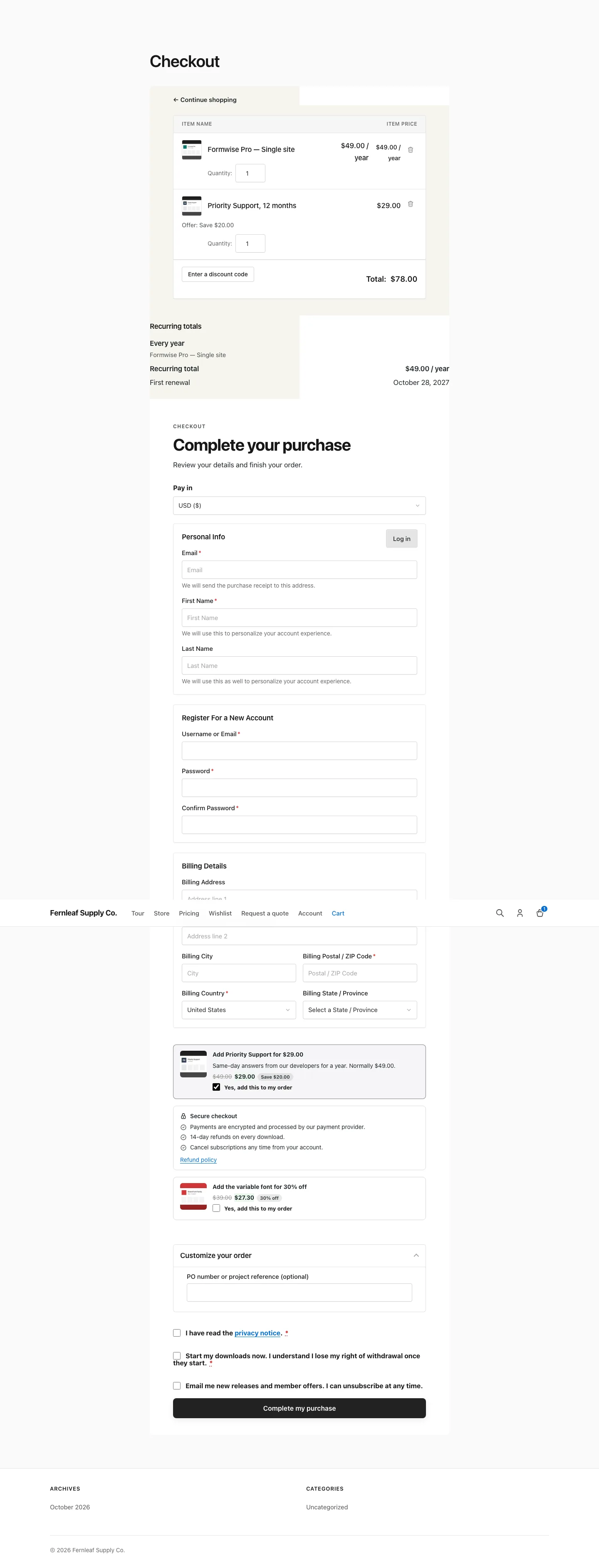 Easy Digital Downloads checkout with a Stackless for EDD order bump for Priority Support ticked, showing the bump line and an Offer: Save $20.00 note in the cart