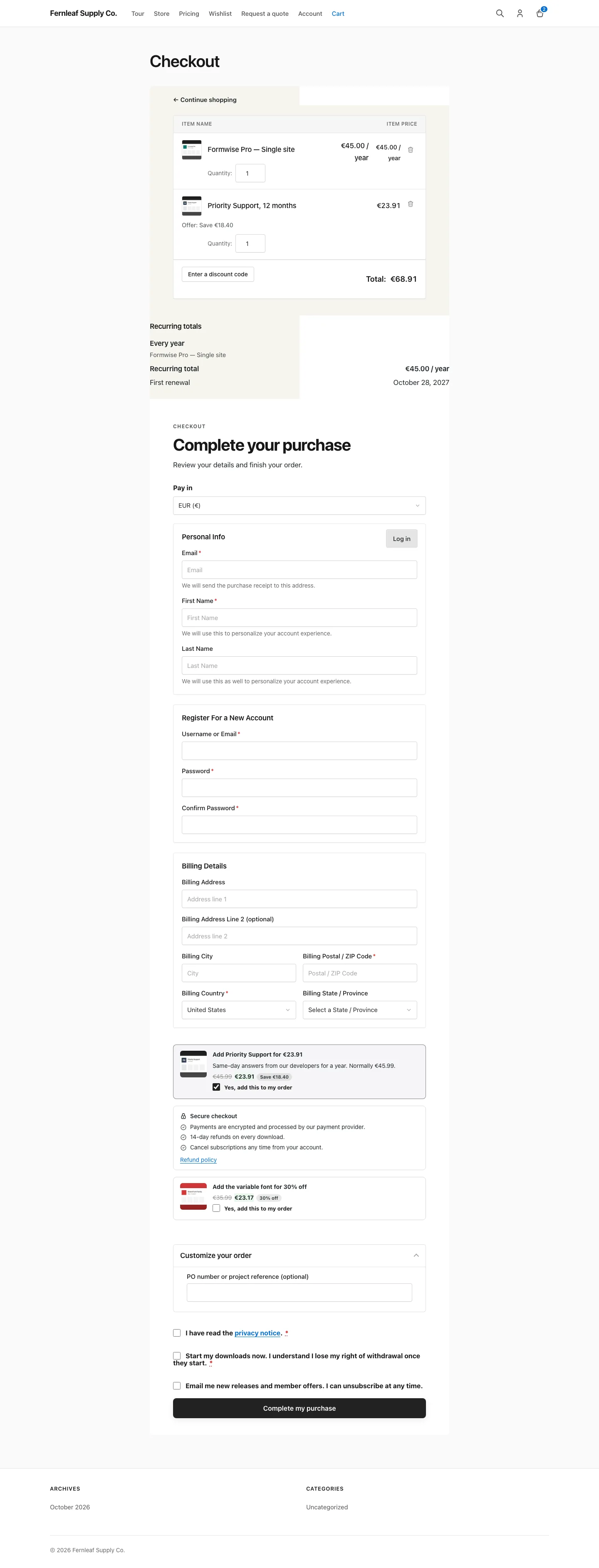 Easy Digital Downloads checkout with Stackless for EDD, where the Pay in selector is set to EUR (€) and the cart, order bump and recurring totals all show euro prices
