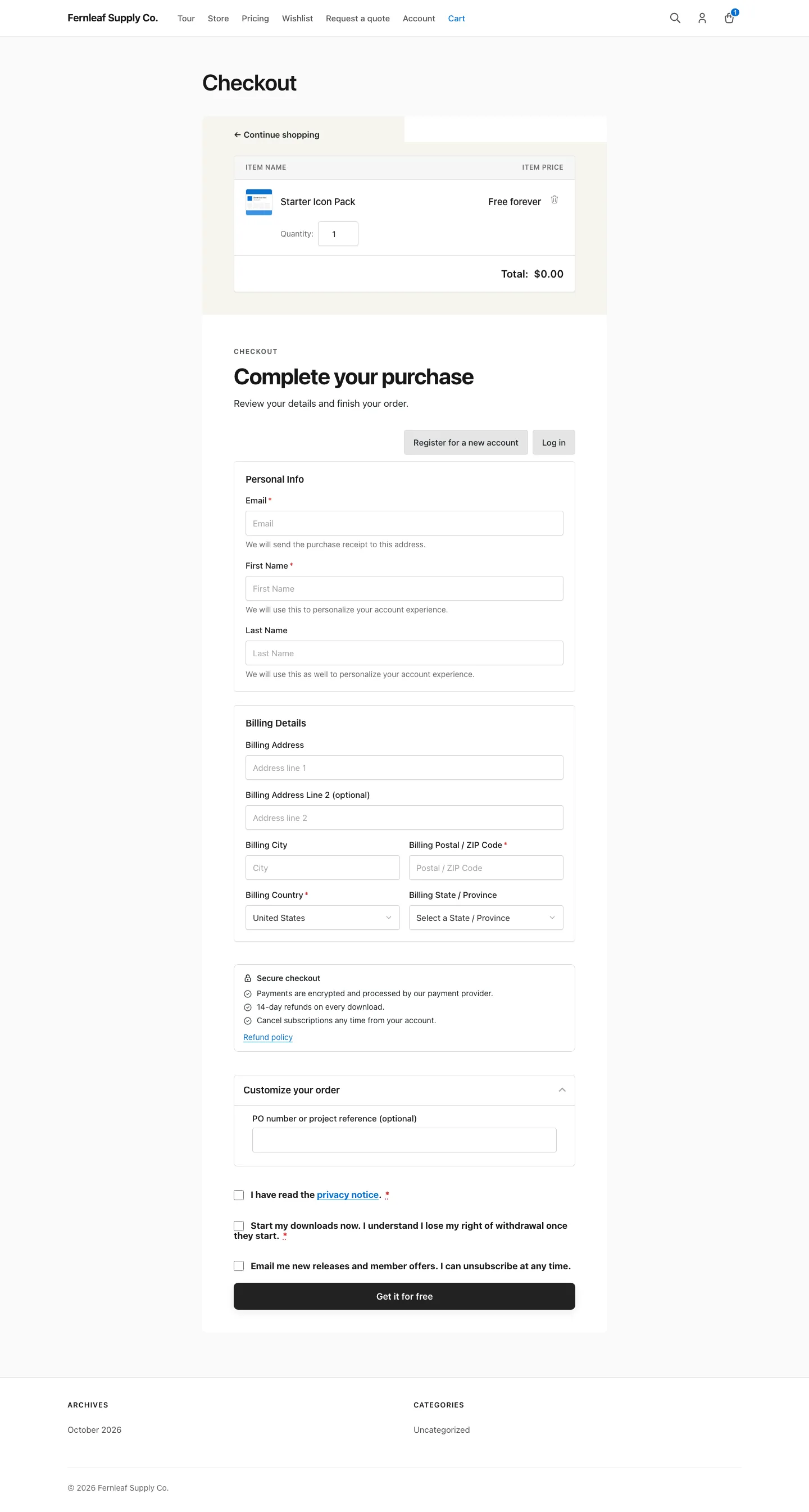Easy Digital Downloads checkout cart with Starter Icon Pack listed at "Free forever" and a total of $0.00.