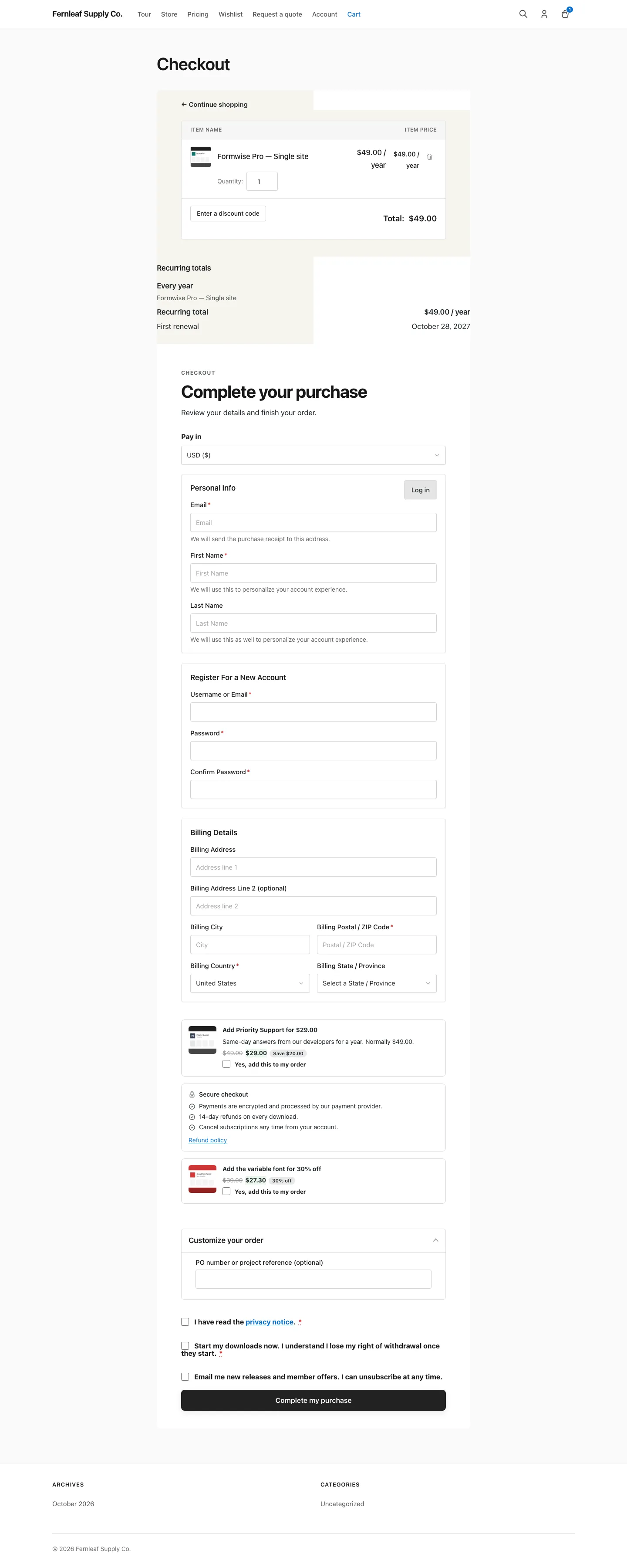 Easy Digital Downloads checkout in the Warm Split layout from Stackless for EDD, with a Continue shopping link above the order summary and a Complete your purchase heading over the form
