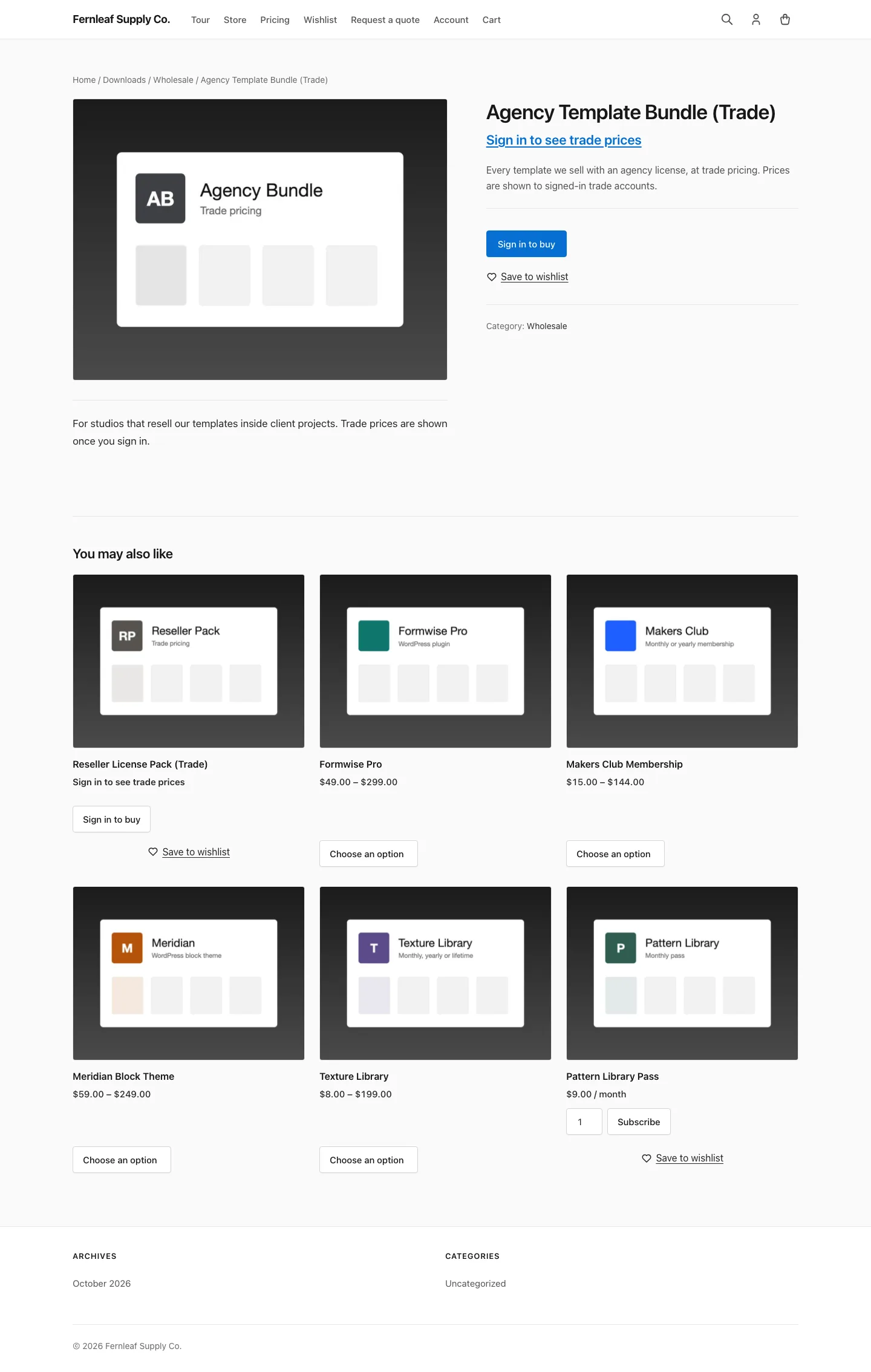 Agency Template Bundle (Trade) download page in Easy Digital Downloads showing a "Sign in to see trade prices" link in place of the price and a "Sign in to buy" button.