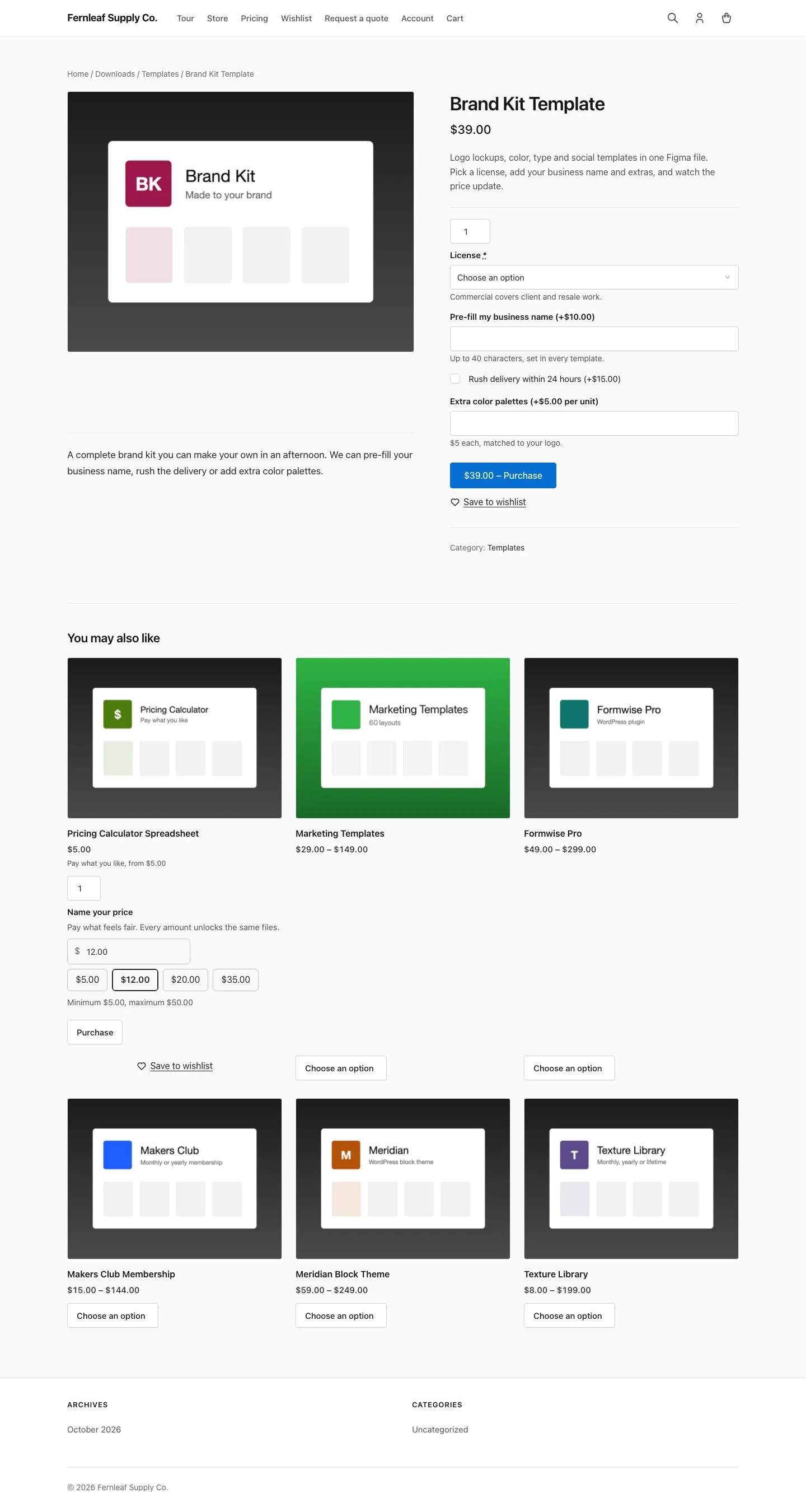 Easy Digital Downloads download page with Stackless for EDD add-ons: a required License dropdown, a paid business name text field, a Rush delivery checkbox and an Extra color palettes number field priced per unit