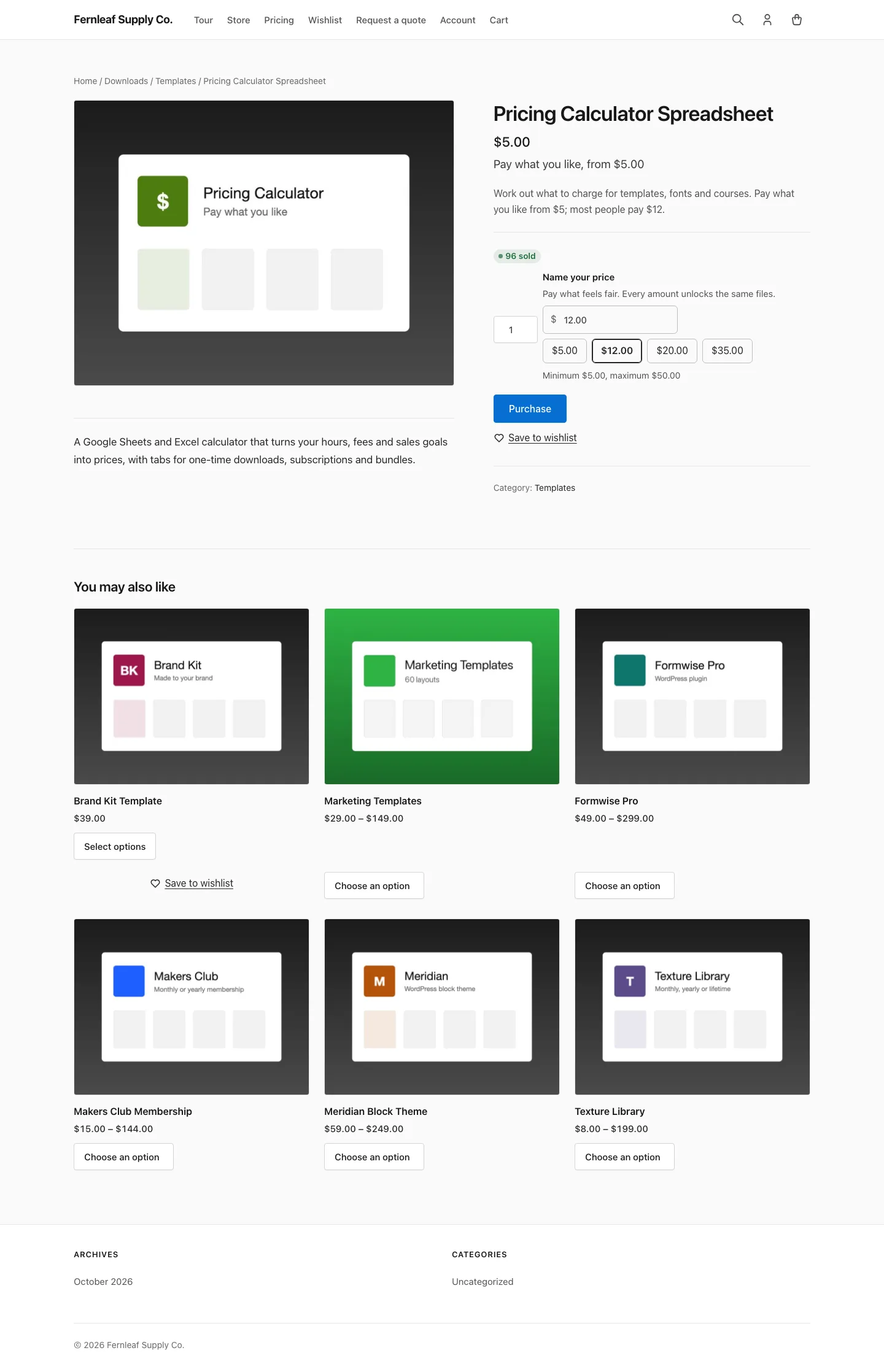 A download page in Easy Digital Downloads with the Stackless for EDD Name your price field, four quick amounts and a minimum and maximum help line above the Purchase button.