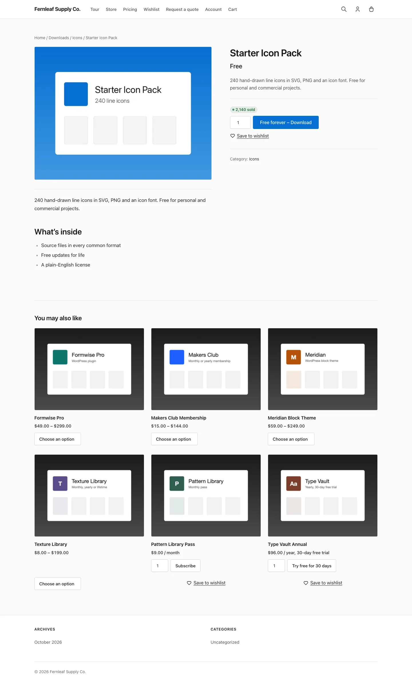 Starter Icon Pack download page in Easy Digital Downloads with Free under the title and a "Free forever - Download" purchase button.