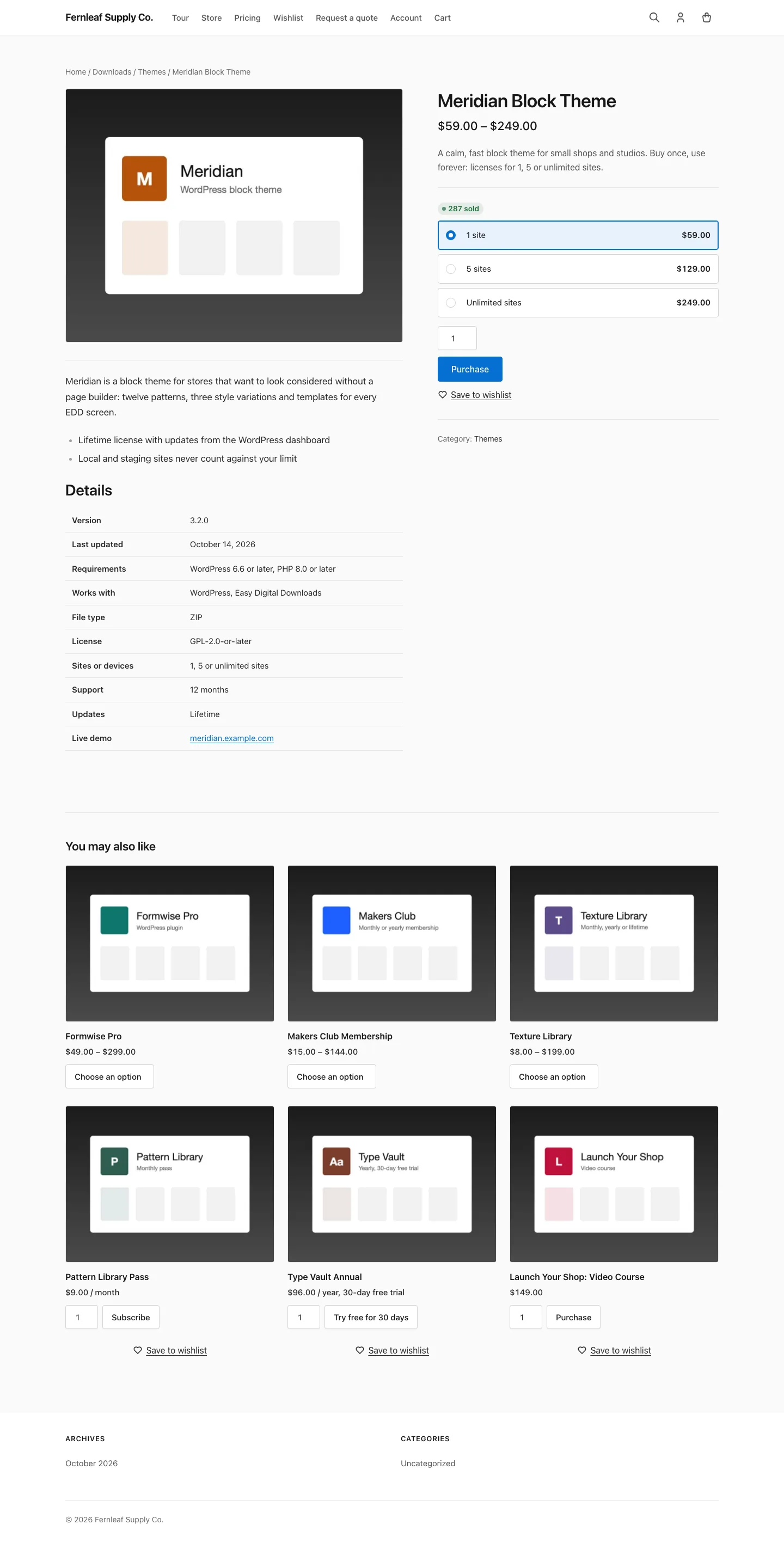 Meridian Block Theme download page in Easy Digital Downloads with a Details table listing Version, Last updated, Requirements, Works with, File type, License, Sites or devices, Support, Updates and a Live demo link.