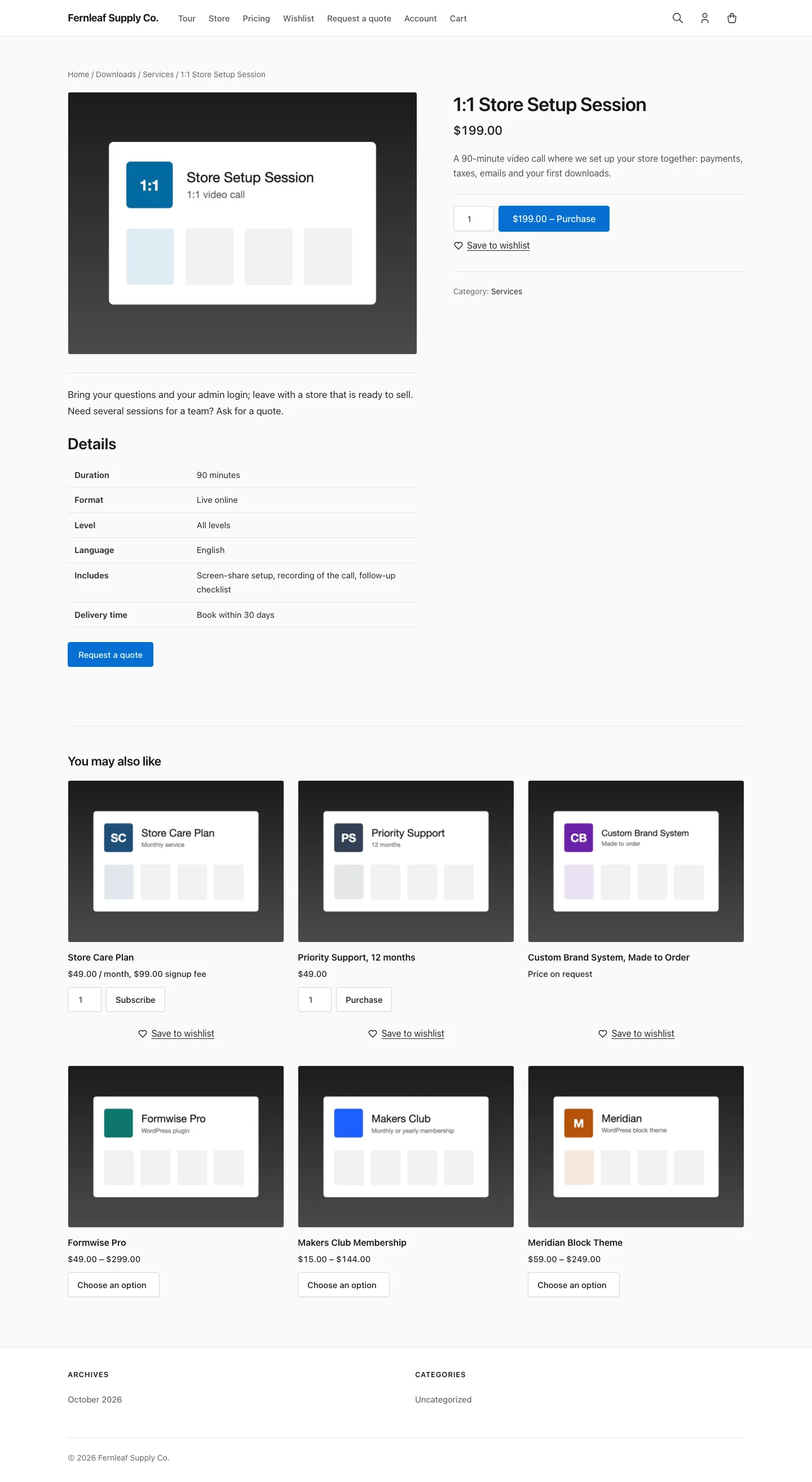 A 1:1 Store Setup Session sold as an Easy Digital Downloads download, with its price, Purchase button and a details table for the 90-minute call