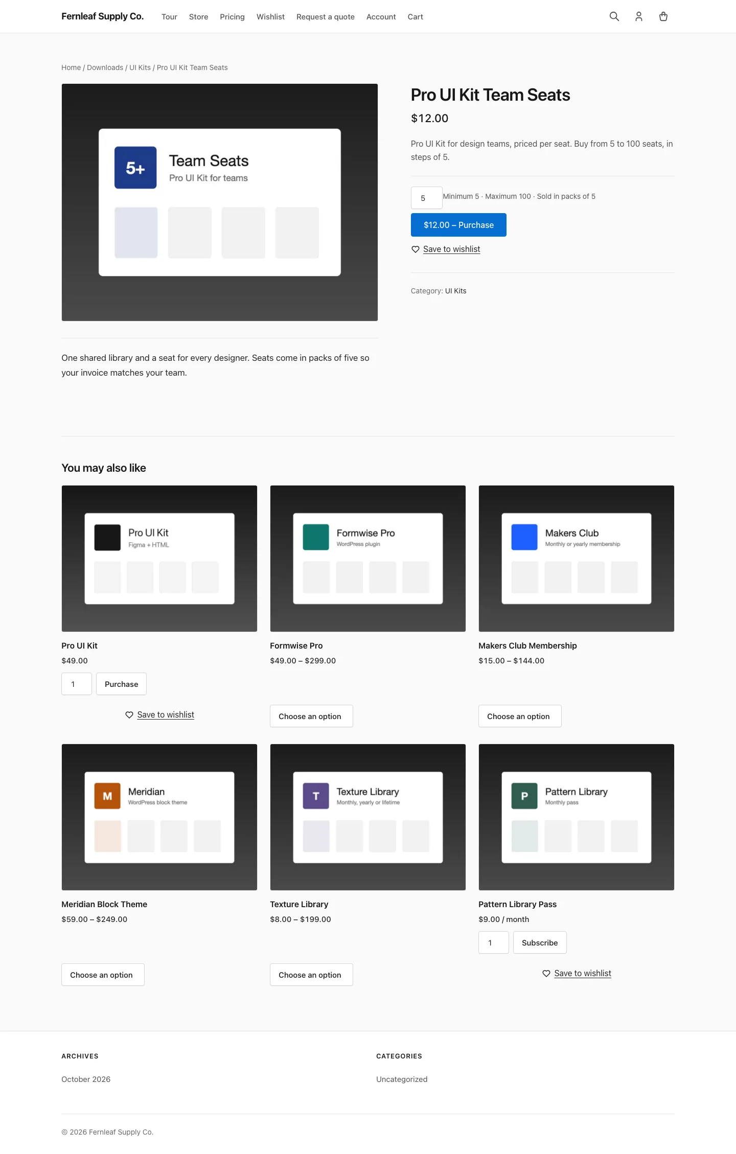 Pro UI Kit Team Seats download page in Easy Digital Downloads with the quantity box at 5 and the note "Minimum 5 · Maximum 100 · Sold in packs of 5".