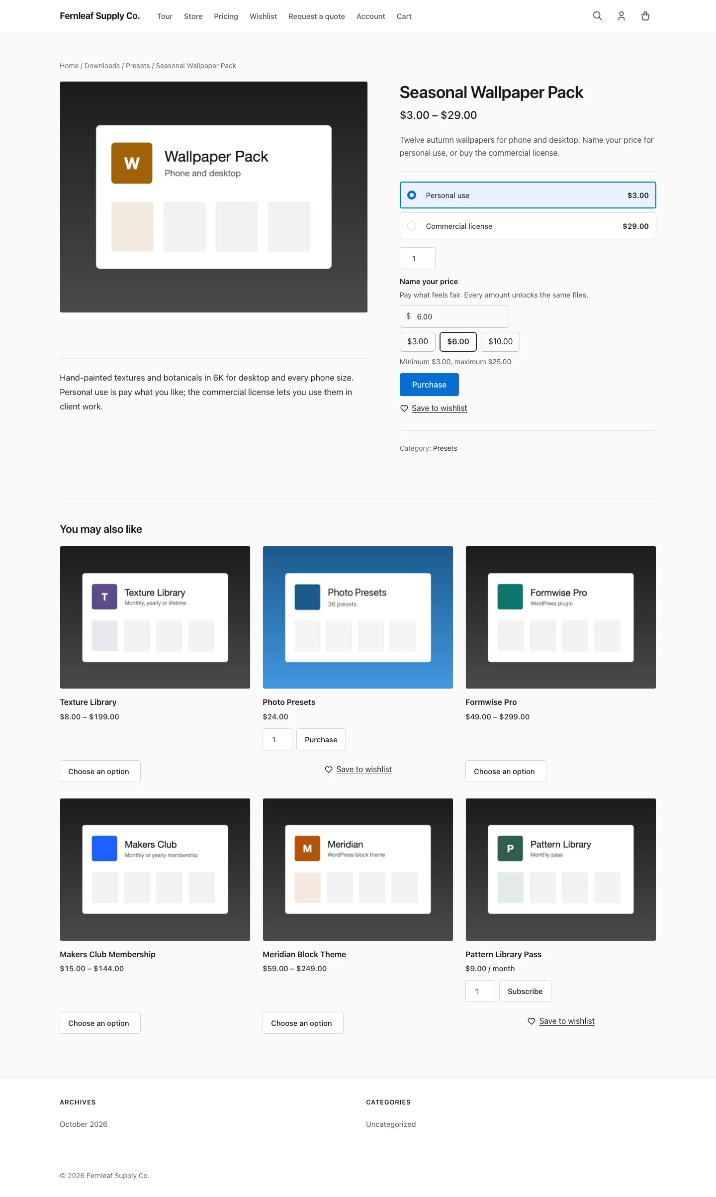 A download with variable pricing where the Personal use option shows the Name your price field and quick amounts after it is selected.