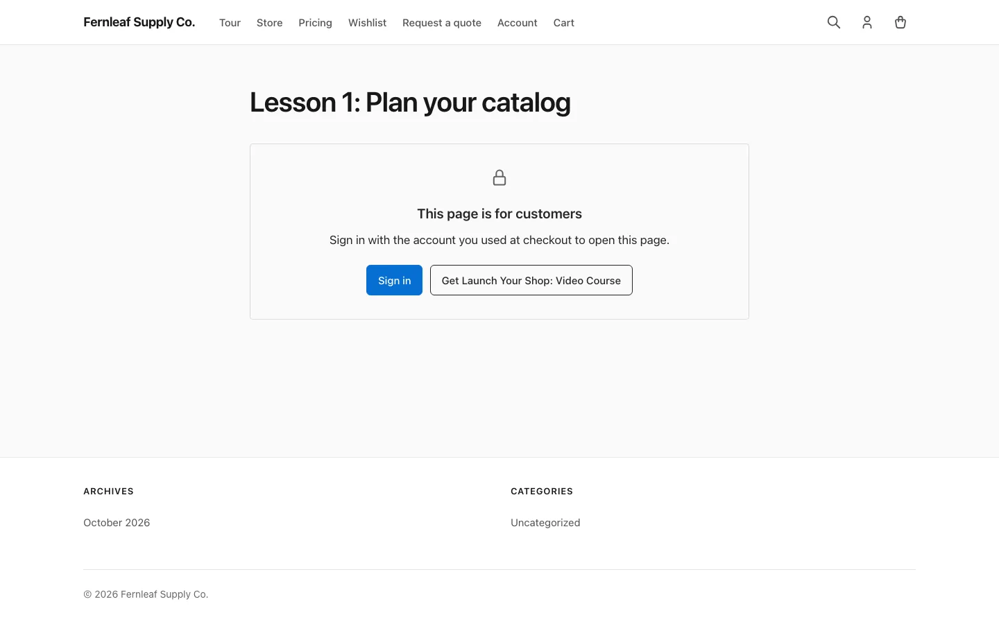 A lesson page locked by Stackless for EDD Page Access, showing the This page is for customers notice with a Sign in button and a Get Launch Your Shop: Video Course button
