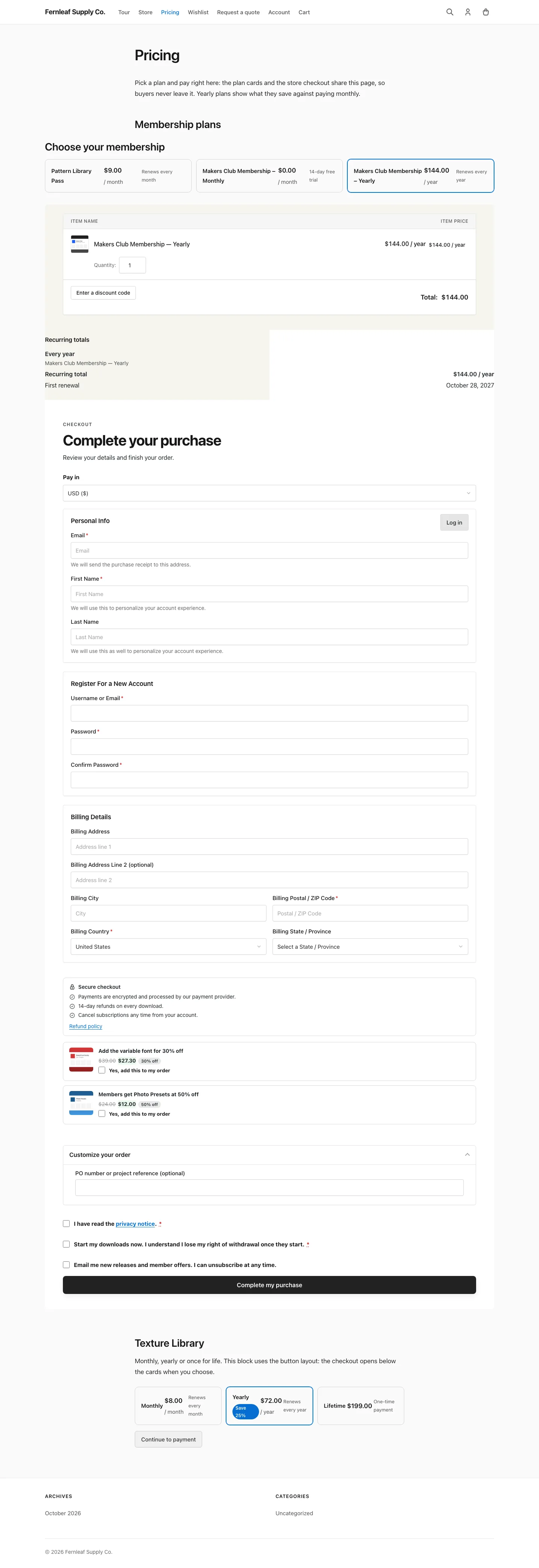 A pricing page in an Easy Digital Downloads store with Stackless for EDD plan cards and the embedded checkout form below them.