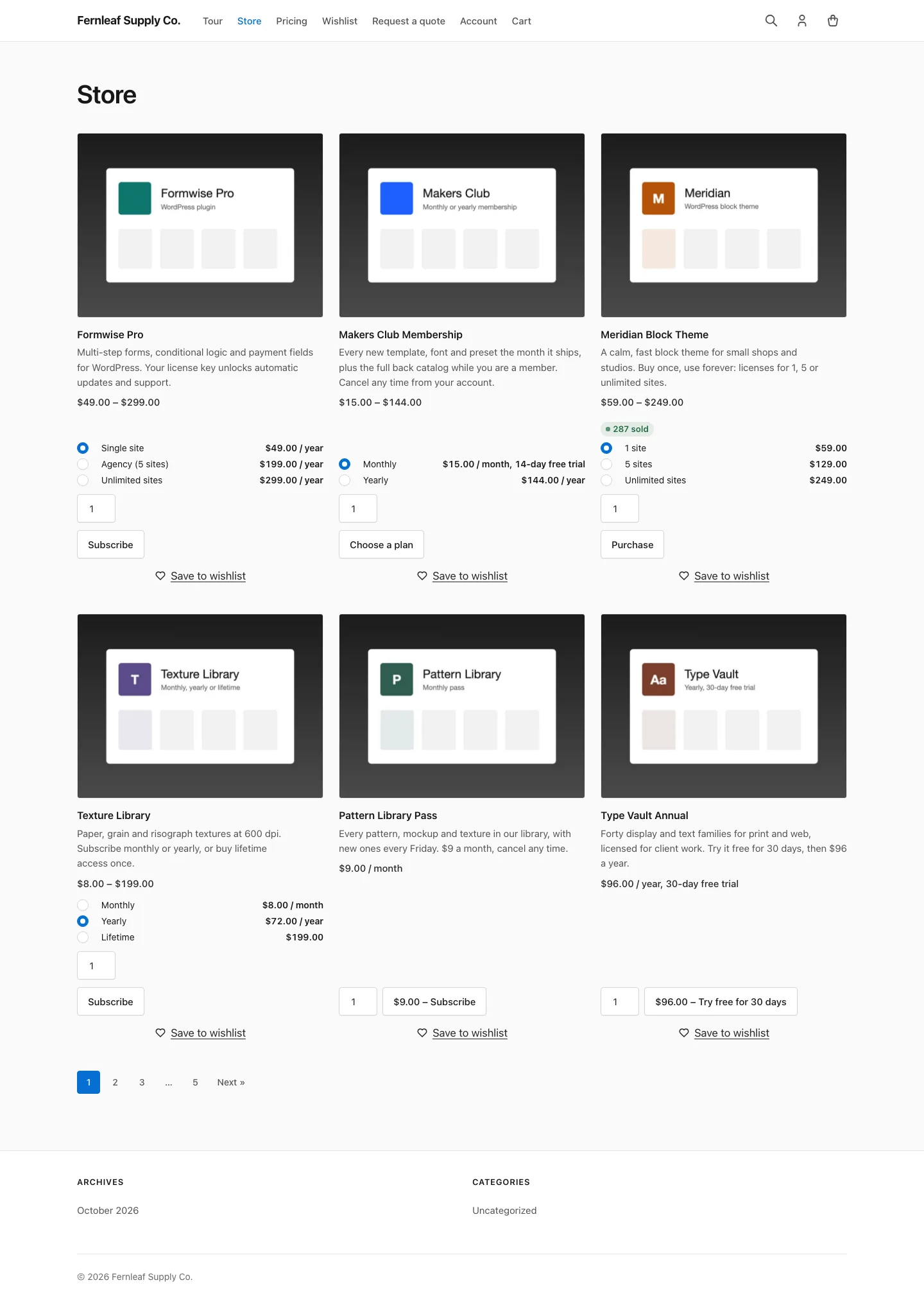 Easy Digital Downloads store grid where subscription downloads show Subscribe buttons, including "$9.00 - Subscribe" with the price kept in front, next to Purchase and Choose a plan buttons.
